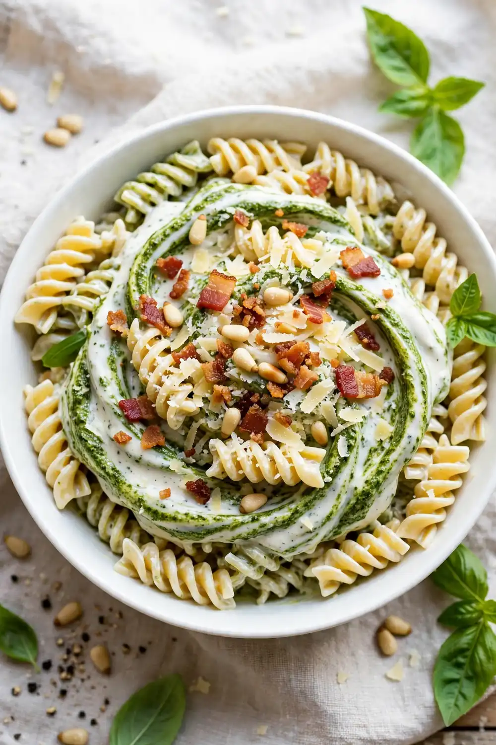 Pesto swirl ranch pasta with bacon and pine nuts