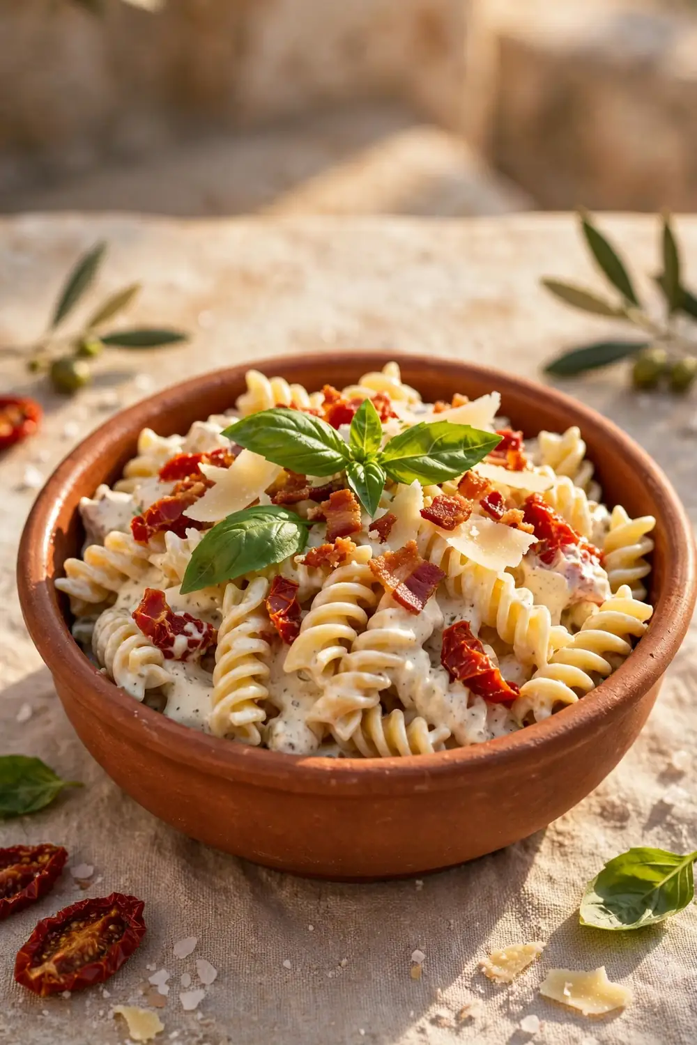 Sun dried tomato ranch pasta with bacon and basil