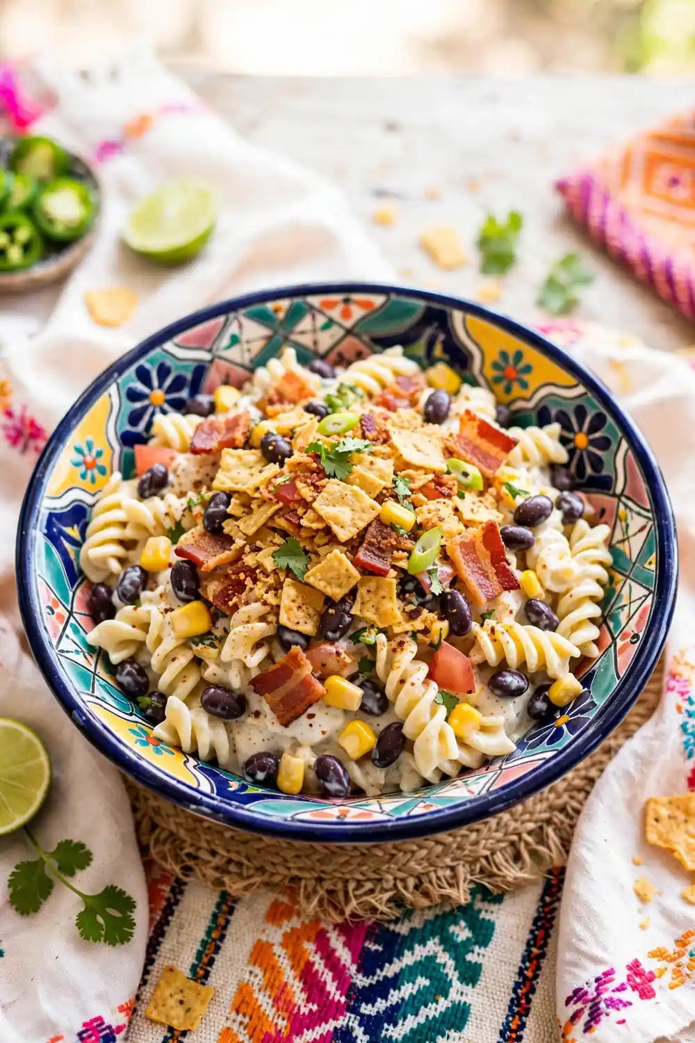 Taco ranch pasta with bacon, beans, corn, and chips