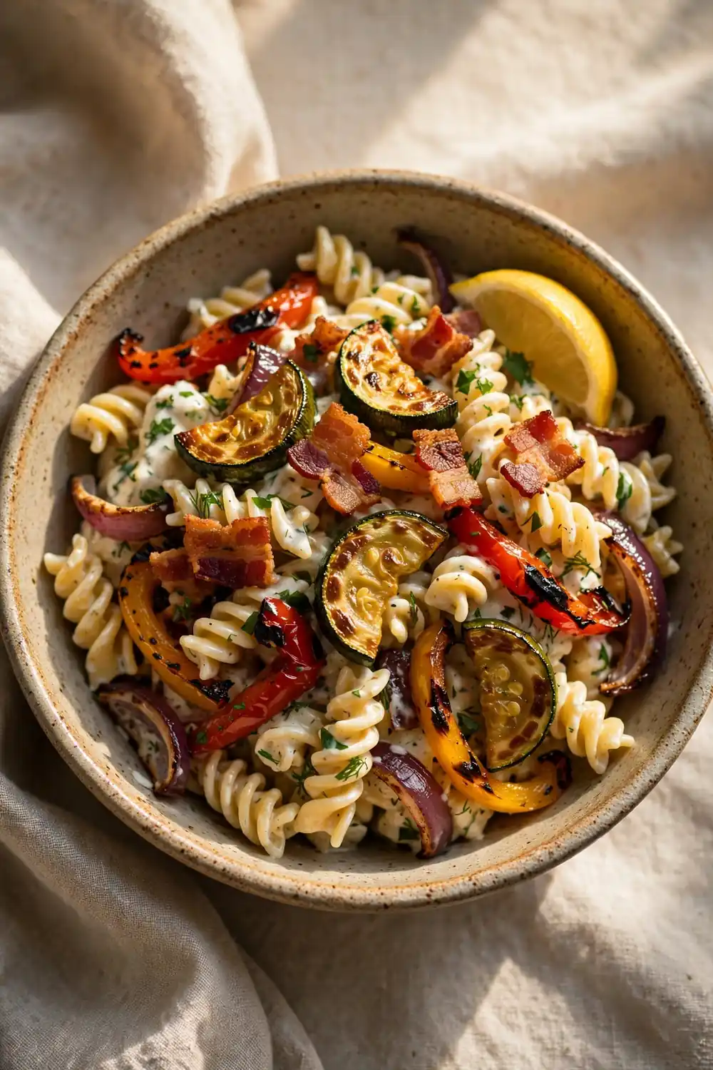 Roasted vegetable ranch pasta with bacon and lemon