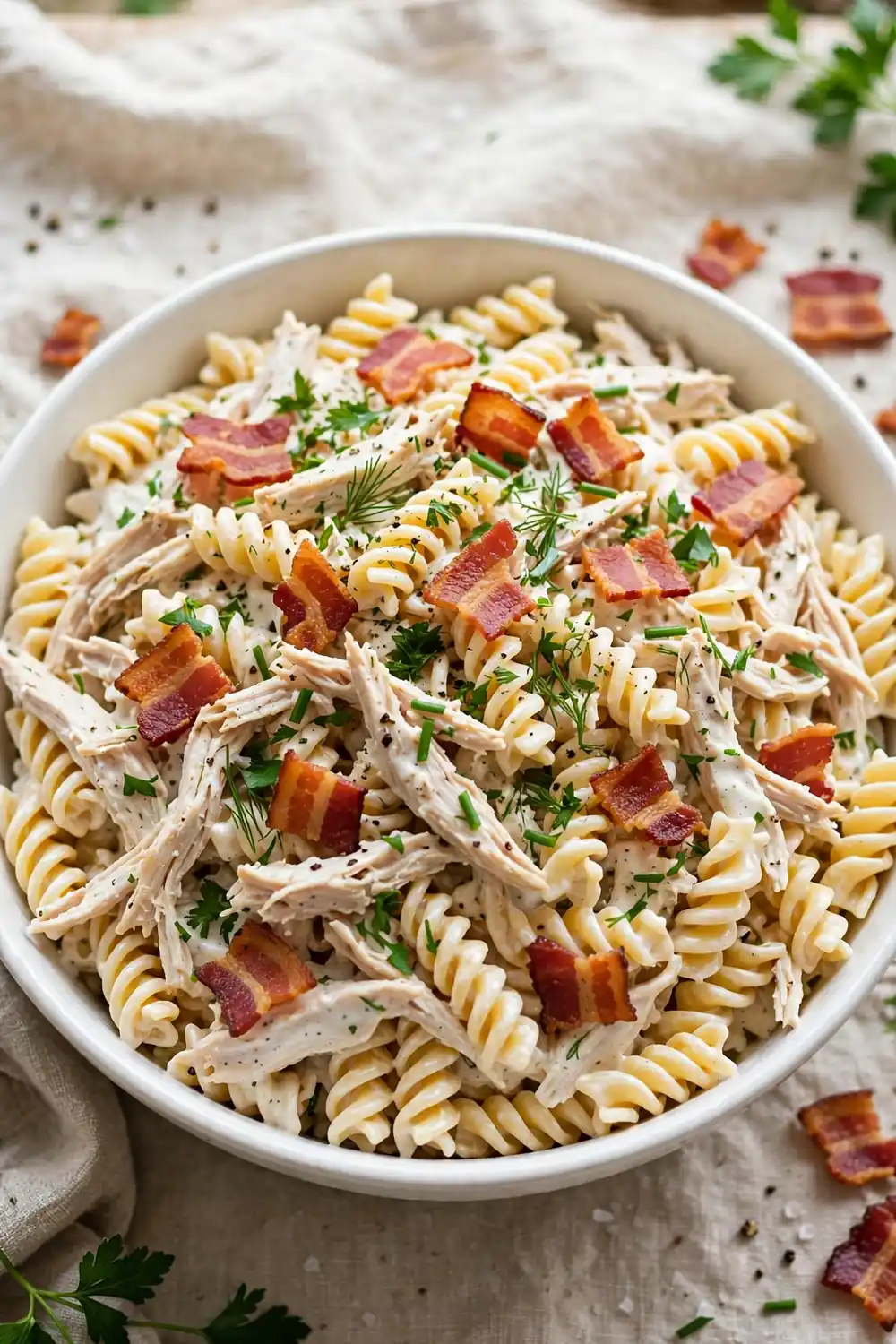 Chicken ranch pasta with shredded chicken and bacon