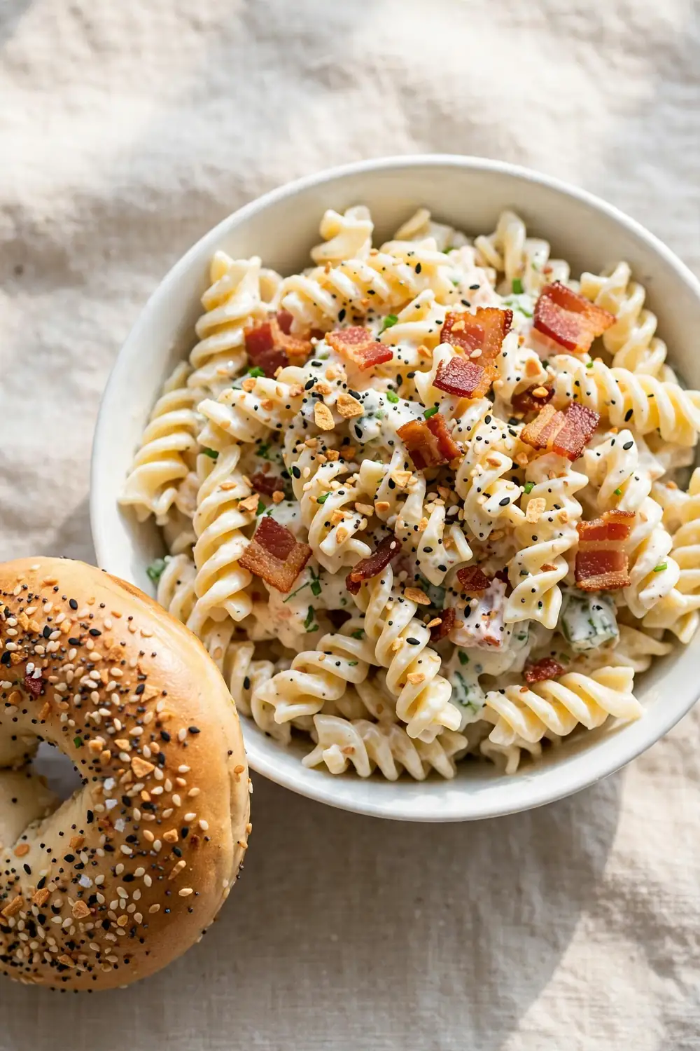Everything bagel ranch pasta with bacon and bagel