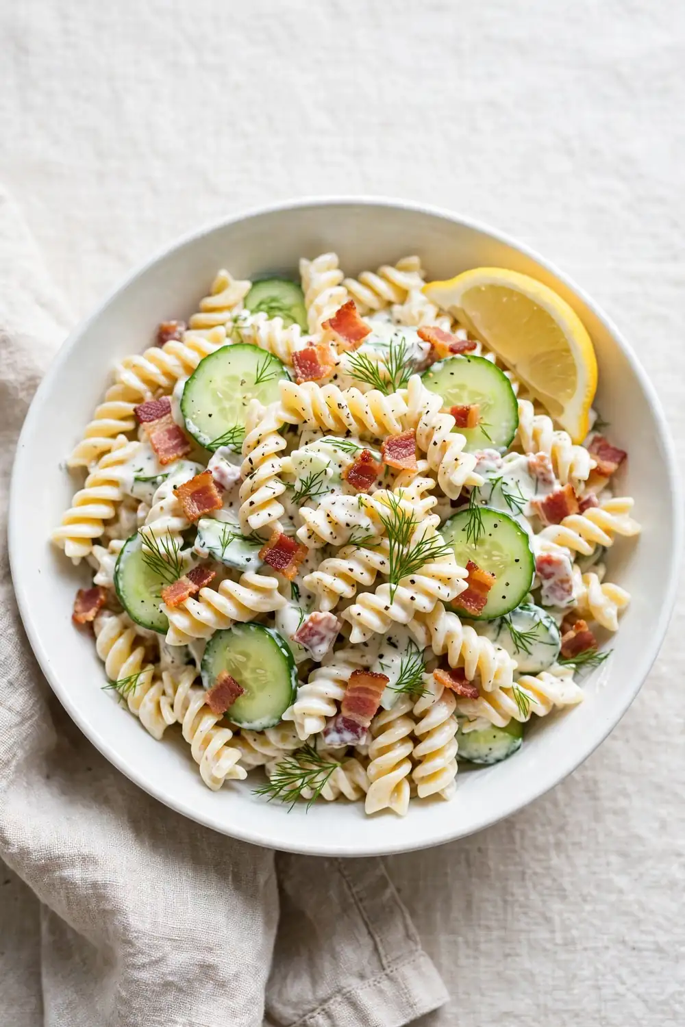 Light ranch pasta with cucumber, dill, bacon, and lemon