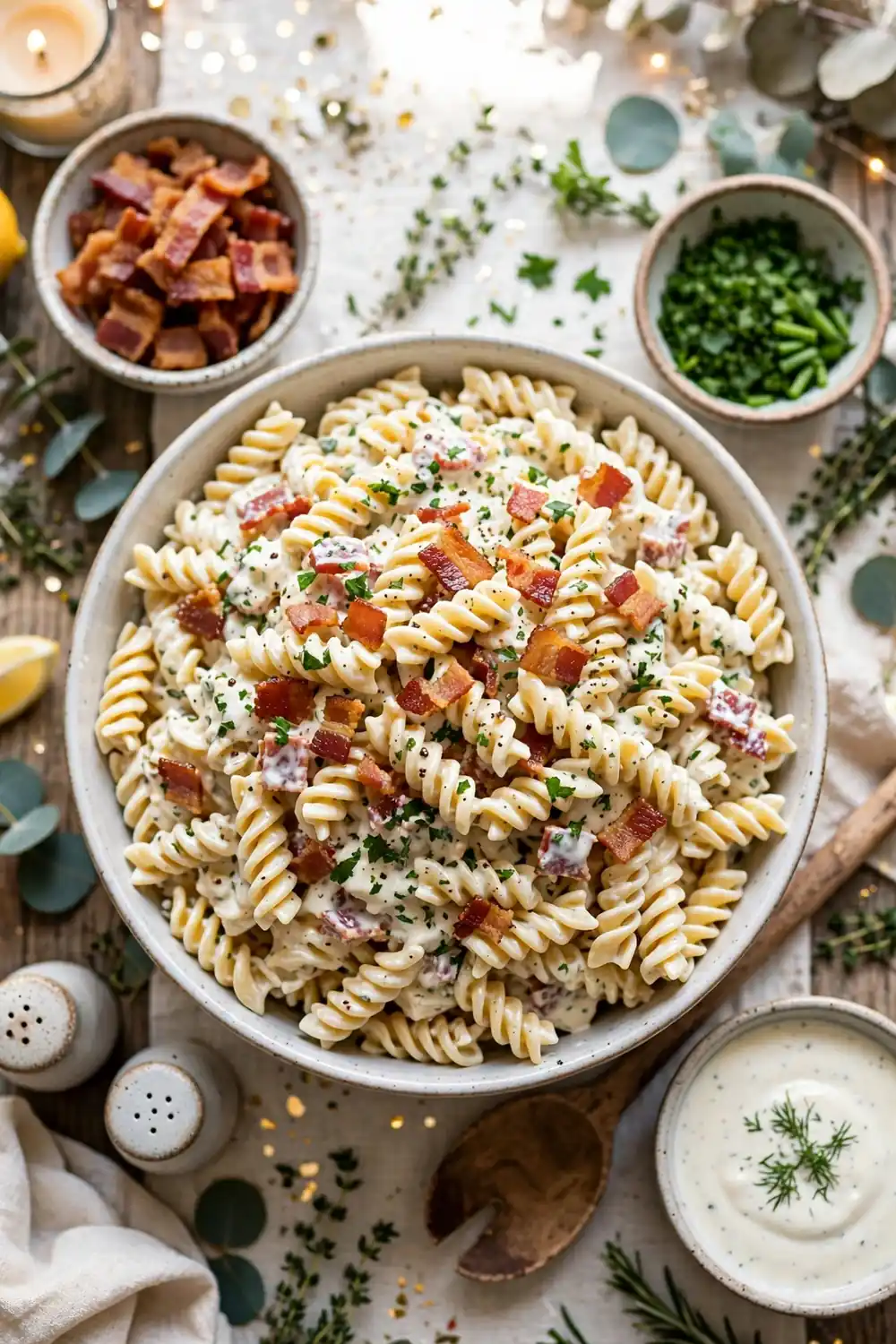 Party platter ranch pasta with bacon and topping bowls
