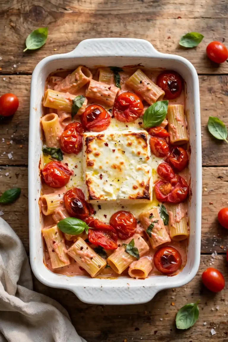 Creamy feta pasta bake with burst cherry tomatoes and basil in a baking dish
