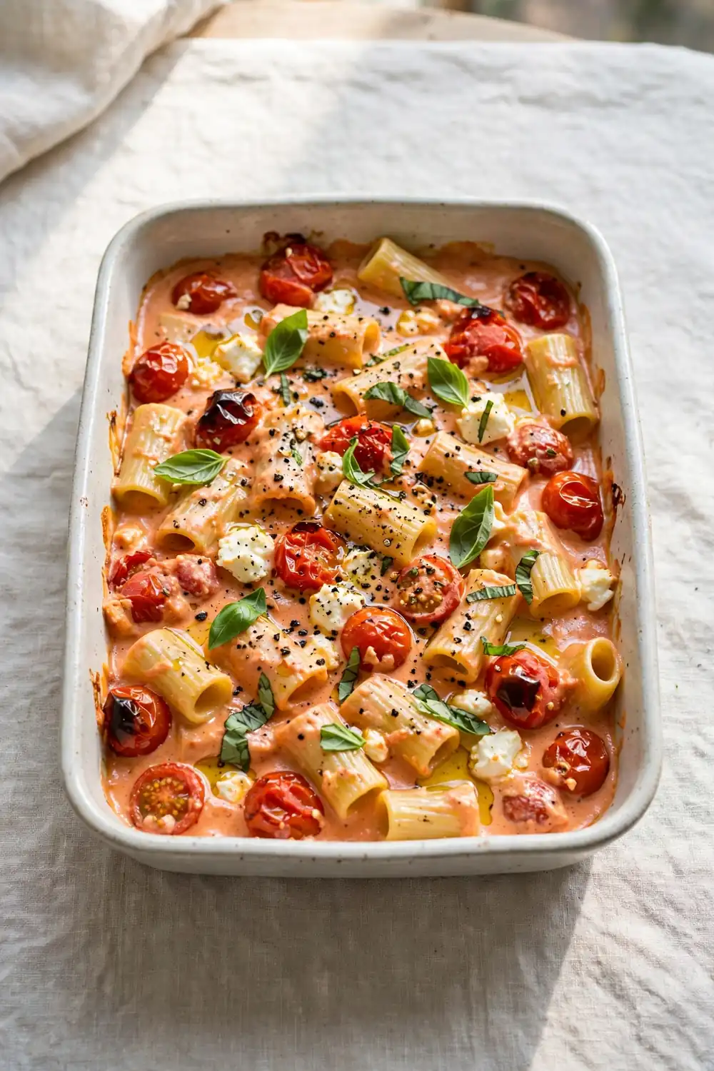 Tomato basil feta pasta bake with fresh basil leaves and cracked pepper
