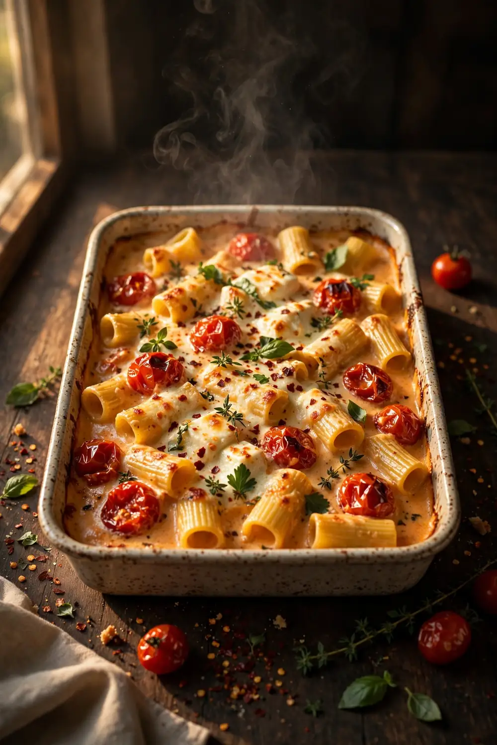 Spicy feta pasta bake with chili flakes, cherry tomatoes, and herbs