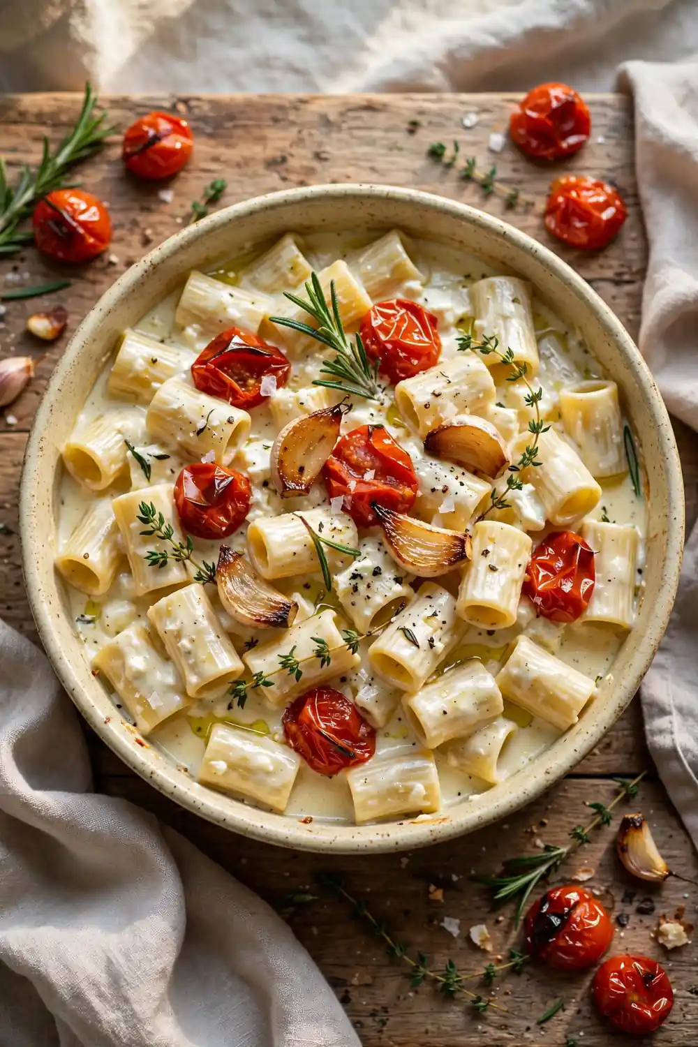Garlic herb feta pasta bake with rosemary, thyme, and roasted tomatoes