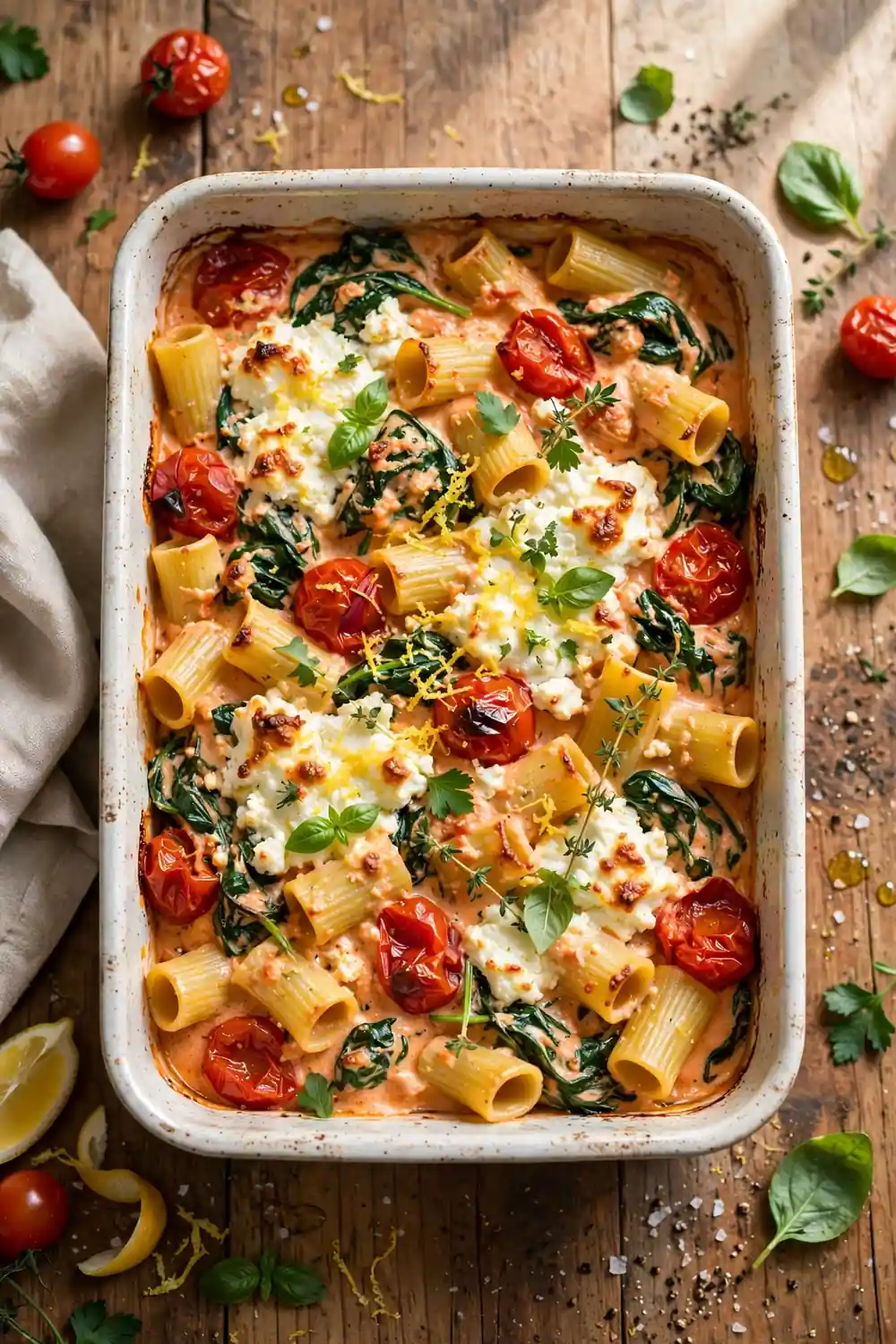 Spinach feta pasta bake with wilted greens and creamy tomato sauce