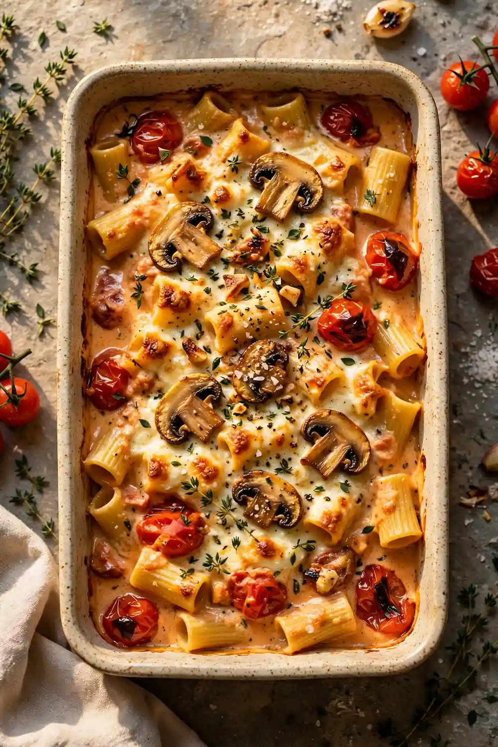 Mushroom feta pasta bake with seared mushrooms and creamy tomato sauce