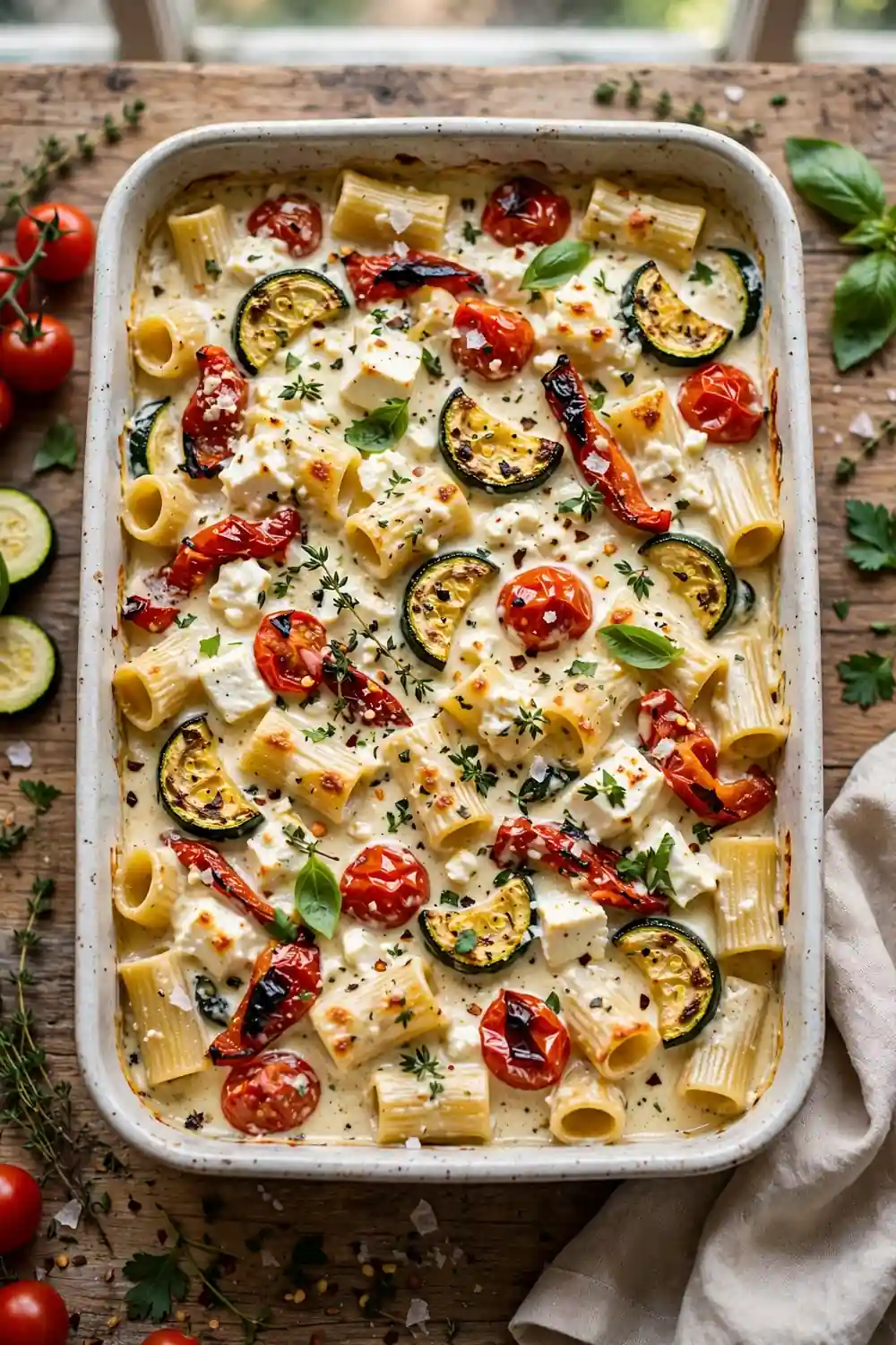 Roasted vegetable feta pasta bake with zucchini, peppers, and tomatoes