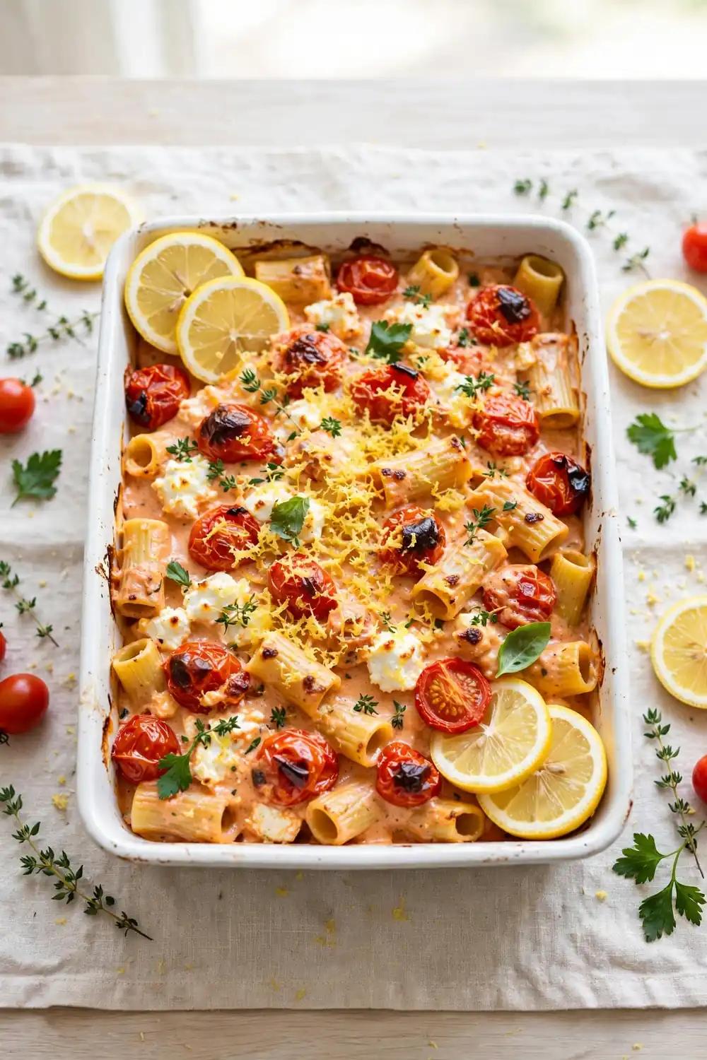 Lemon feta pasta bake with zest, cherry tomatoes, and fresh herbs