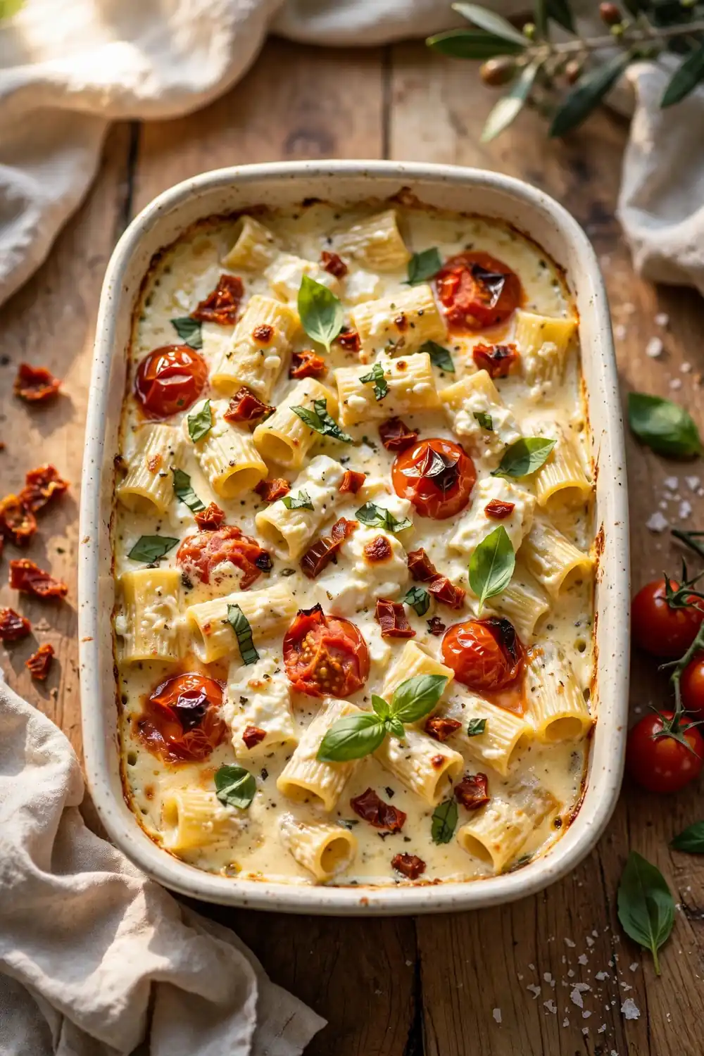 Sun dried tomato feta pasta bake with basil and creamy sauce