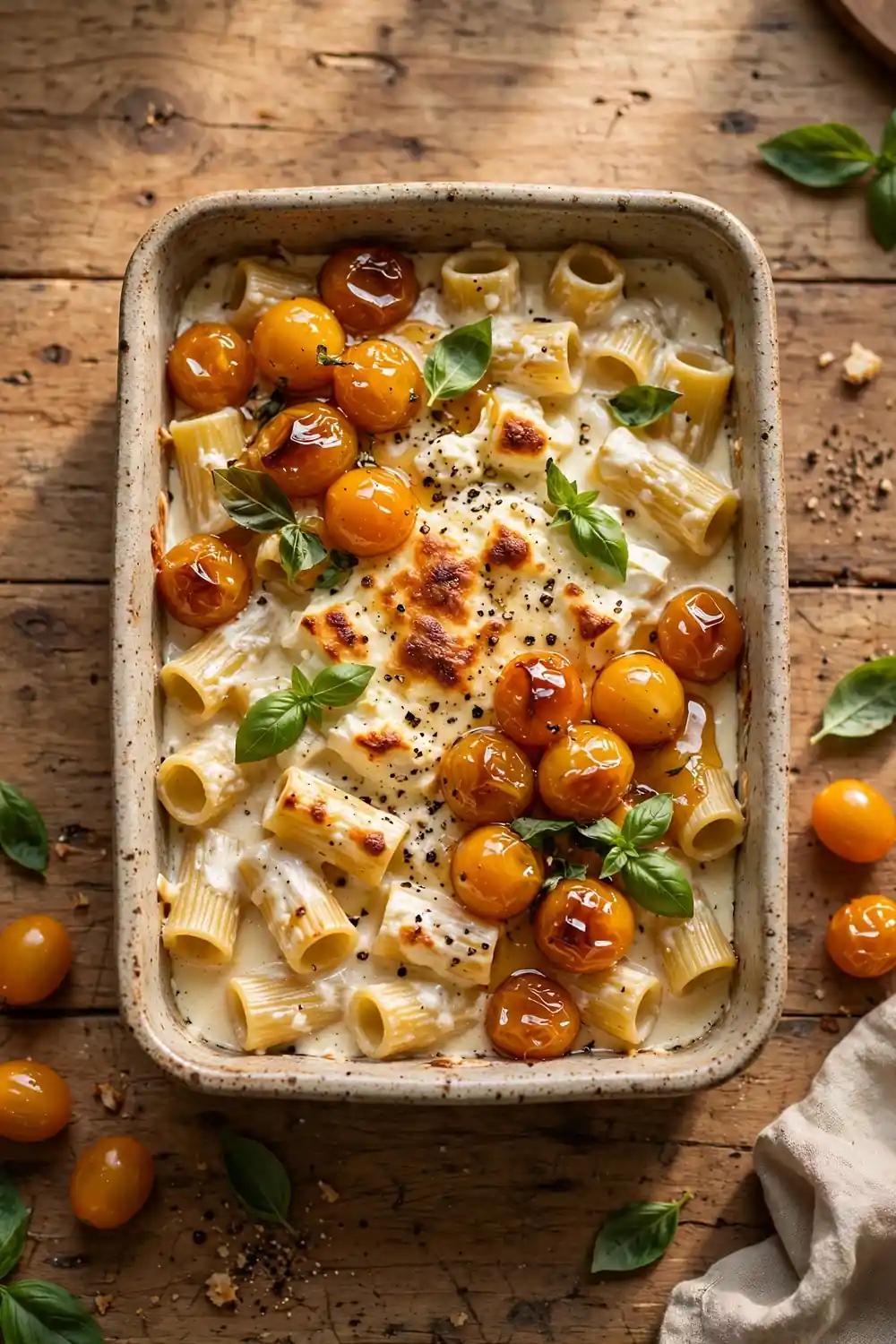 Honey glazed tomato feta pasta bake with golden tomatoes and herbs
