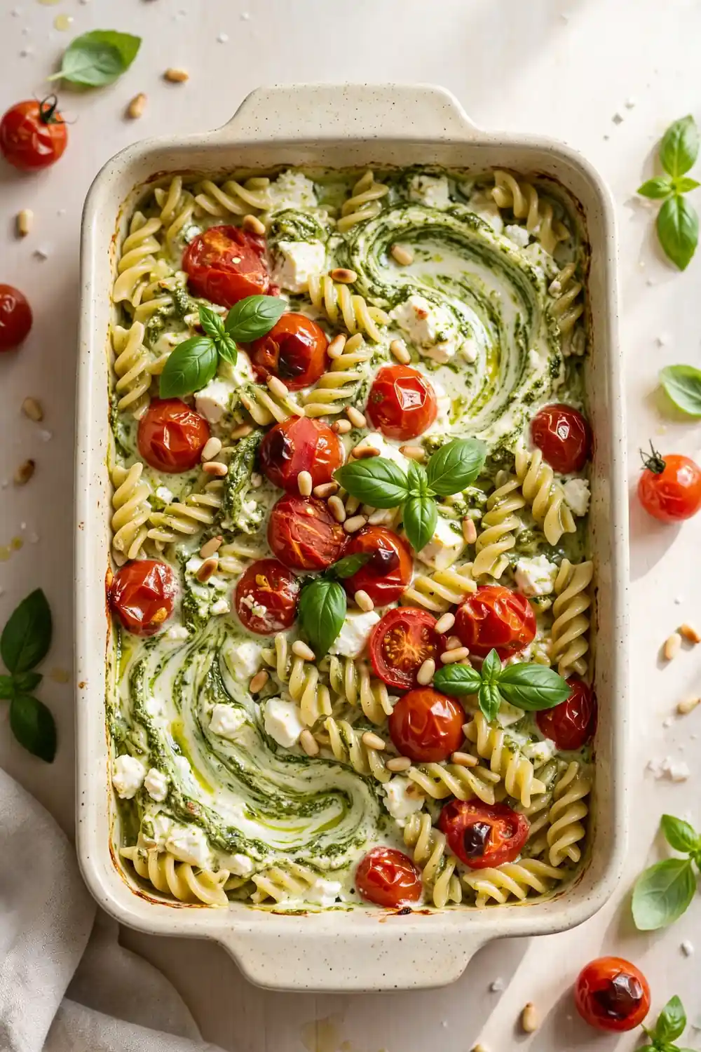 Pesto feta pasta bake with basil pesto swirls and cherry tomatoes
