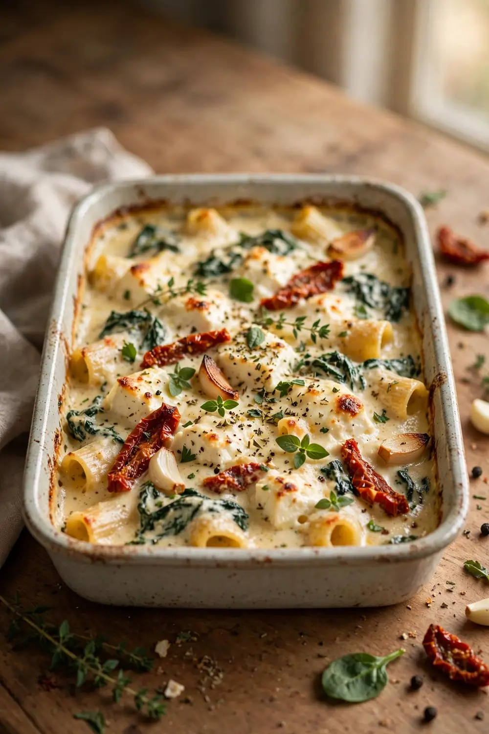 Tuscan feta pasta bake with spinach, sun dried tomatoes, and cream