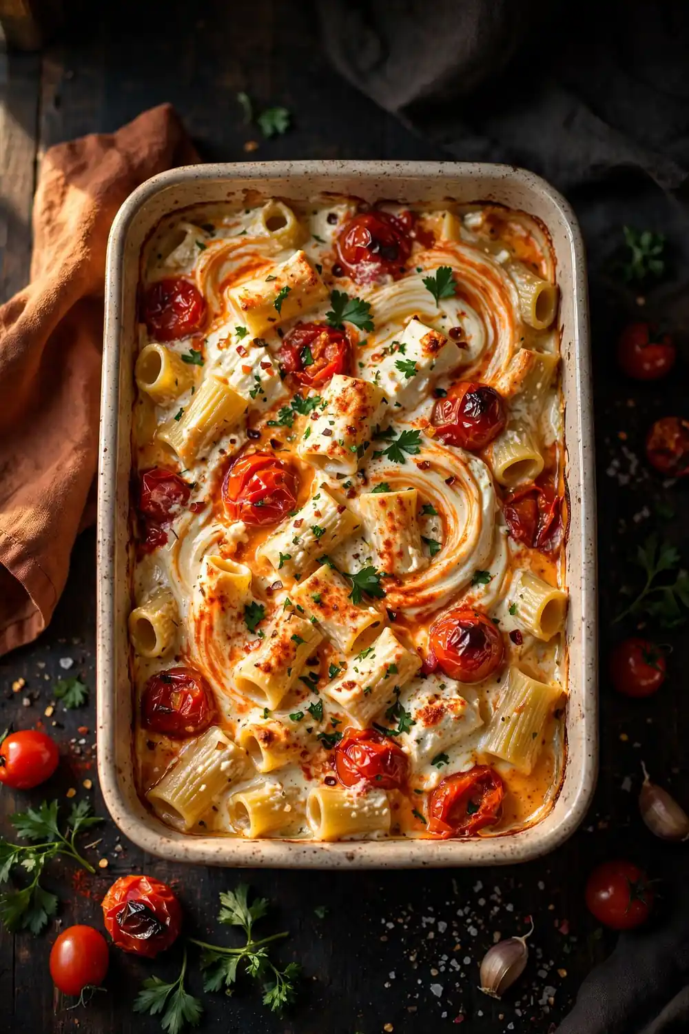 Smoky paprika feta pasta bake with roasted tomatoes and herbs