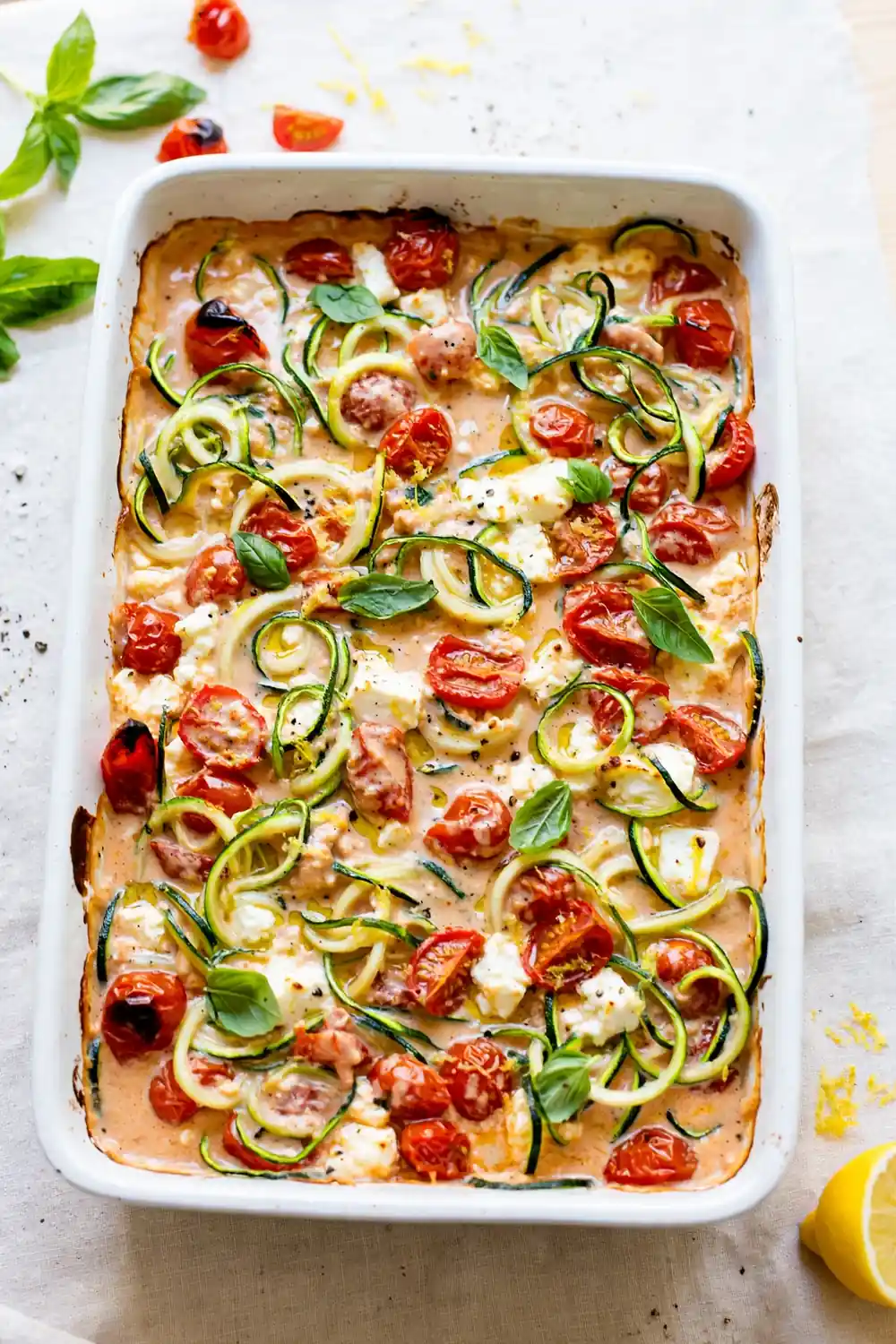 Zucchini noodle feta pasta bake with spiralized zucchini and tomatoes