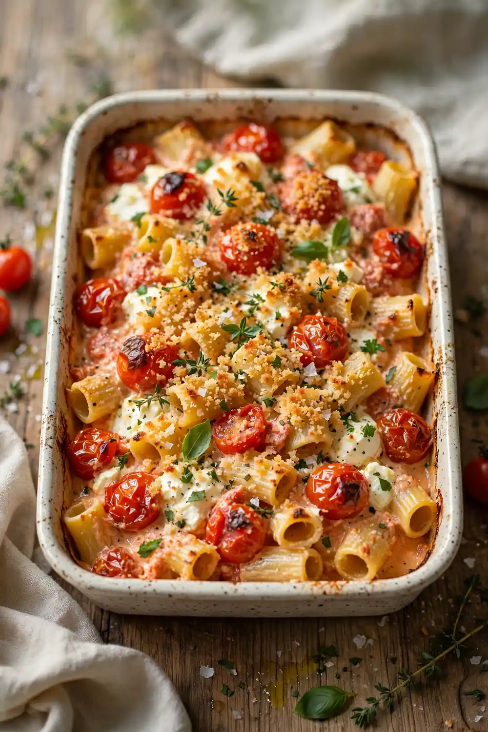 Feta pasta bake with crispy golden breadcrumb topping and tomatoes