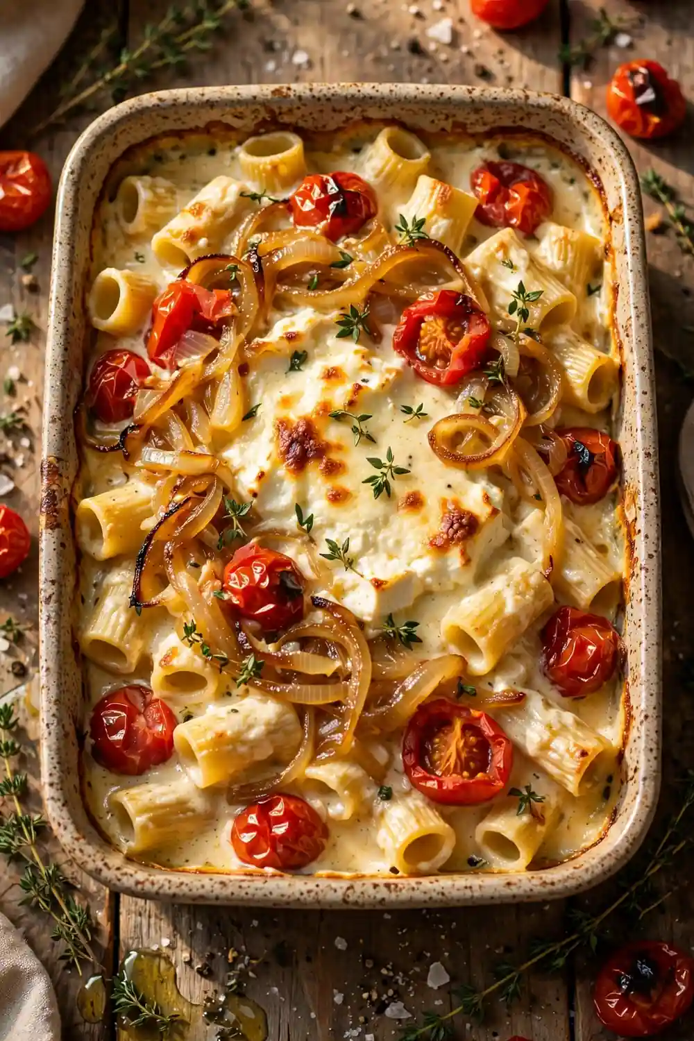 Caramelized onion feta pasta bake with golden onions and tomatoes