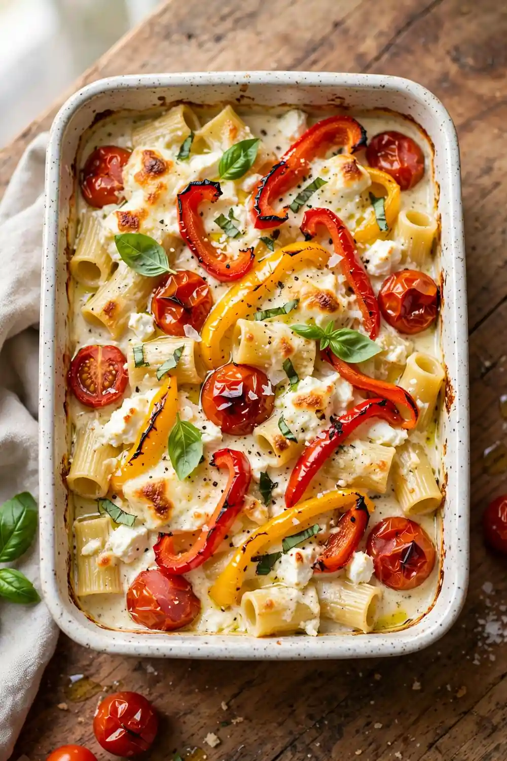 Roasted pepper feta pasta bake with sweet peppers and tomatoes