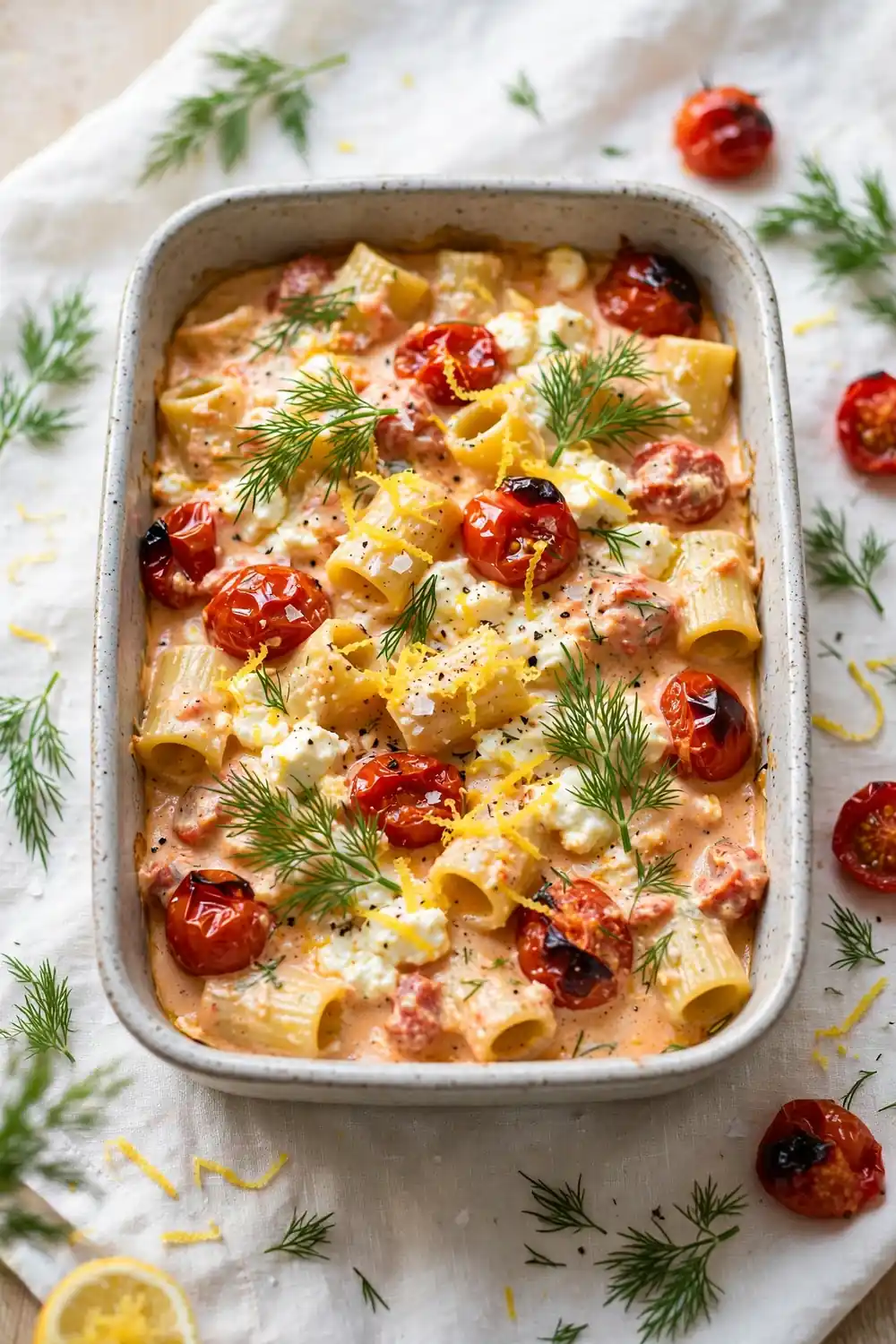 Dill feta pasta bake with fresh dill, tomatoes, and creamy sauce