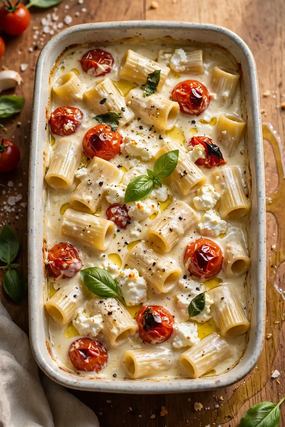 Feta and goat cheese pasta bake with creamy sauce and tomatoes
