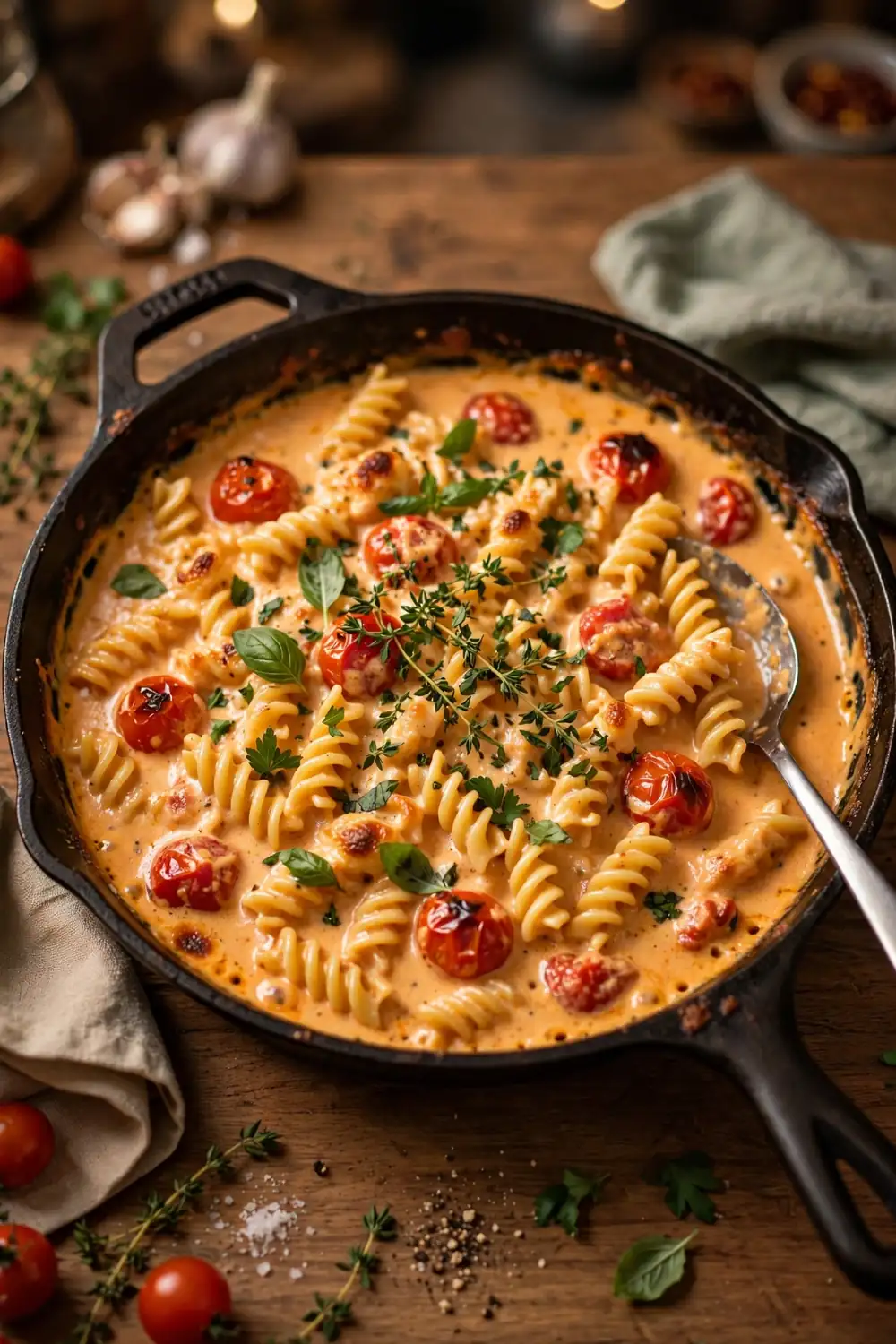 One pan feta pasta bake with tomatoes, pasta, and herbs in a skillet