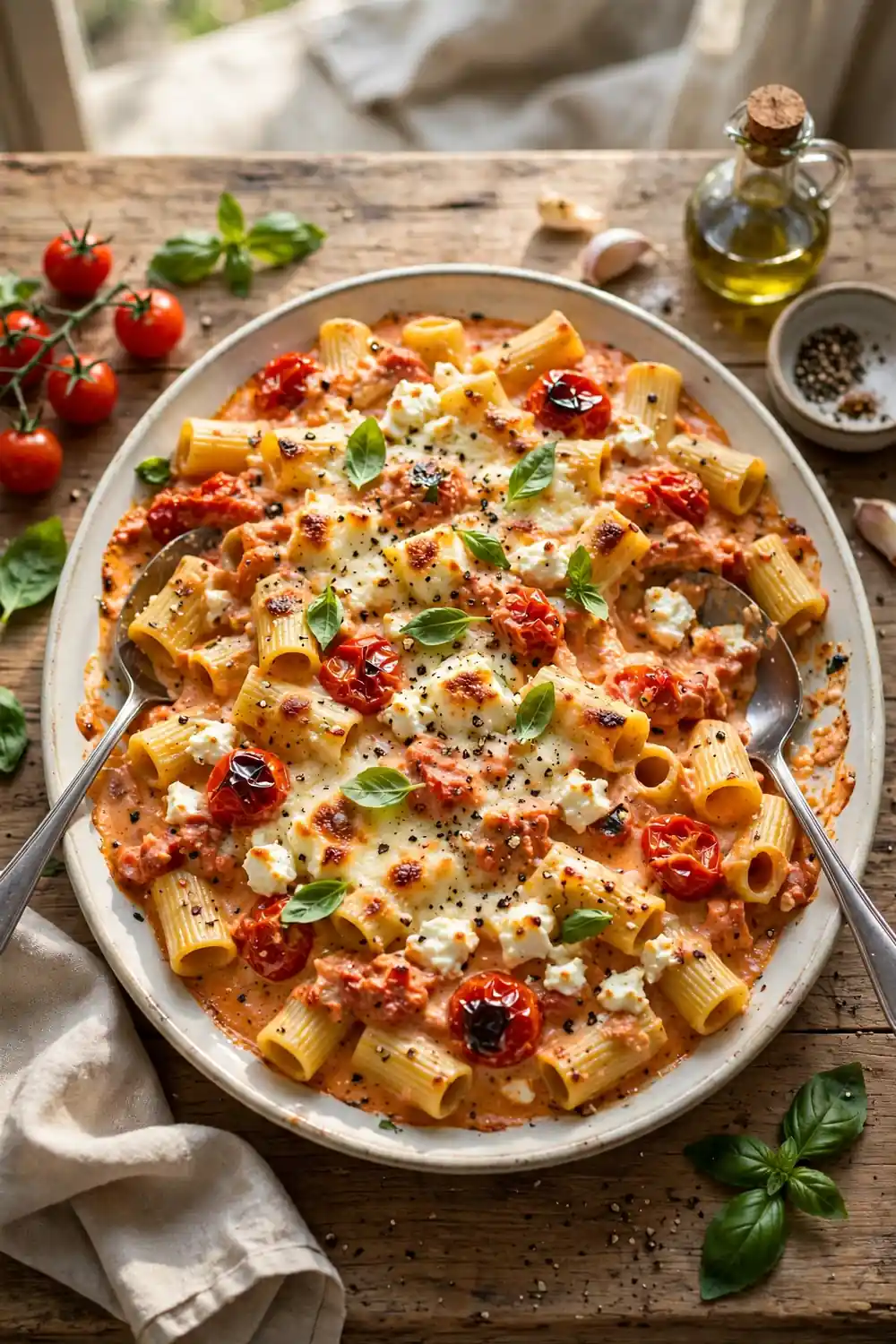 Family style feta pasta platter with tomatoes, basil, and serving spoons