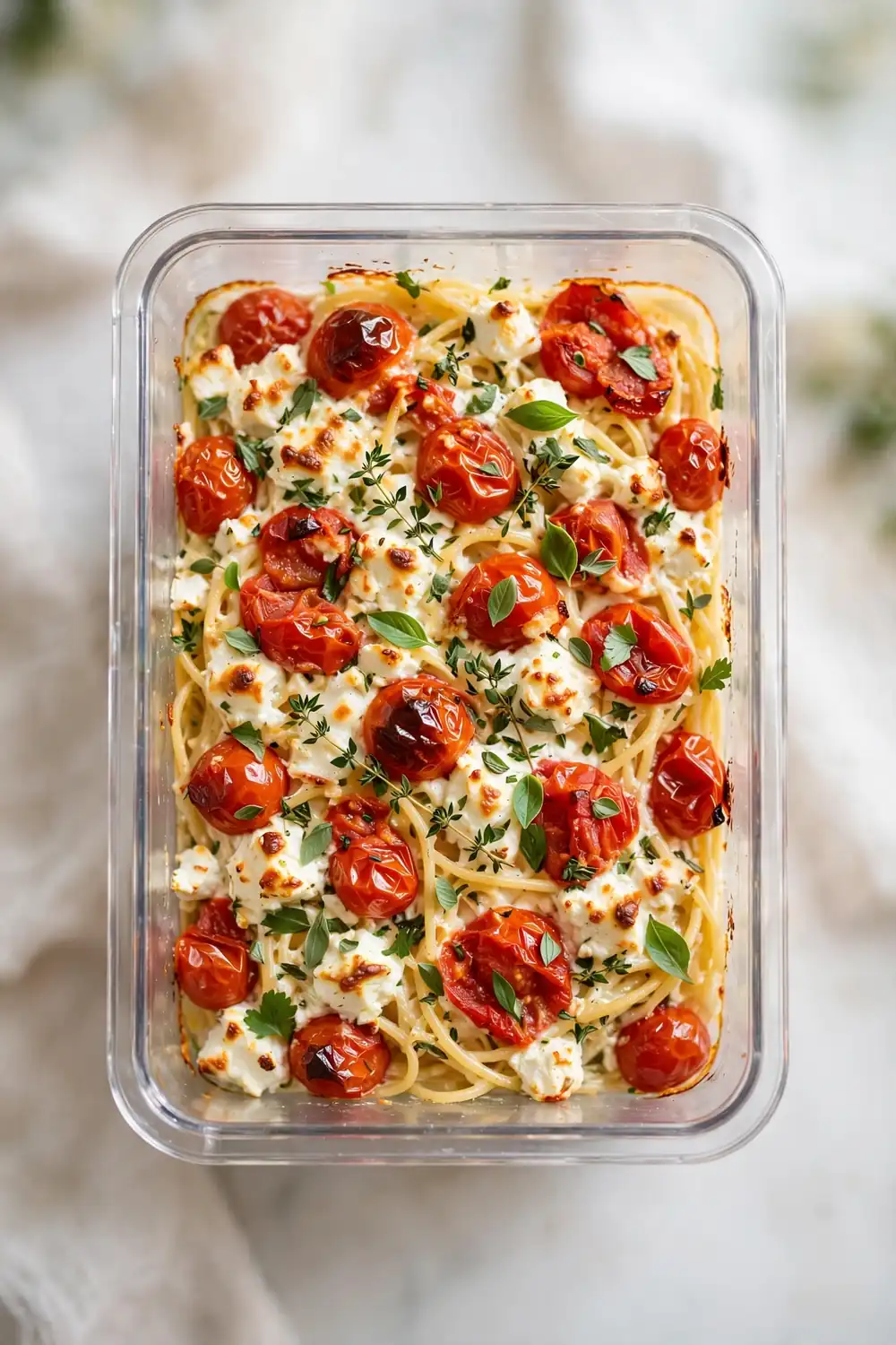 Make ahead feta pasta bake in a freezer container with tomatoes and herbs