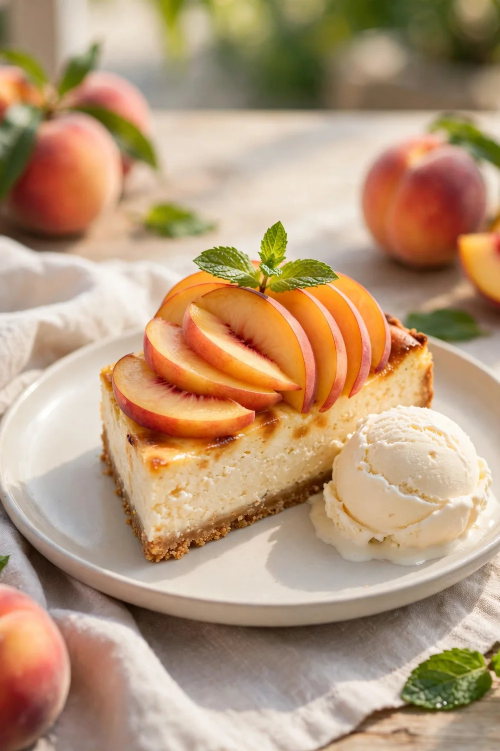 Baked peach cheesecake