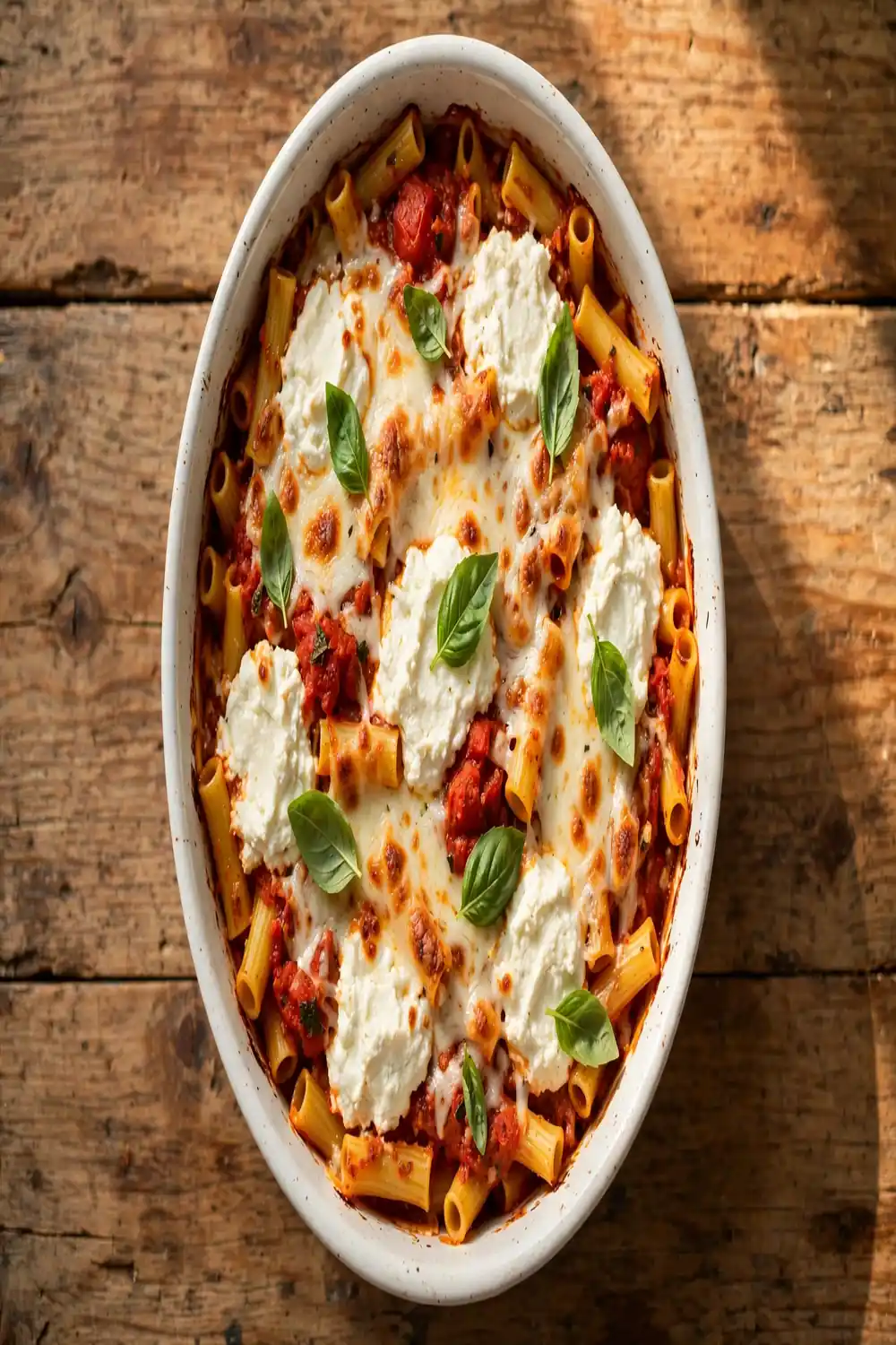 Tube pasta baked with creamy ricotta dollops and tomato sauce in a white casserole dish