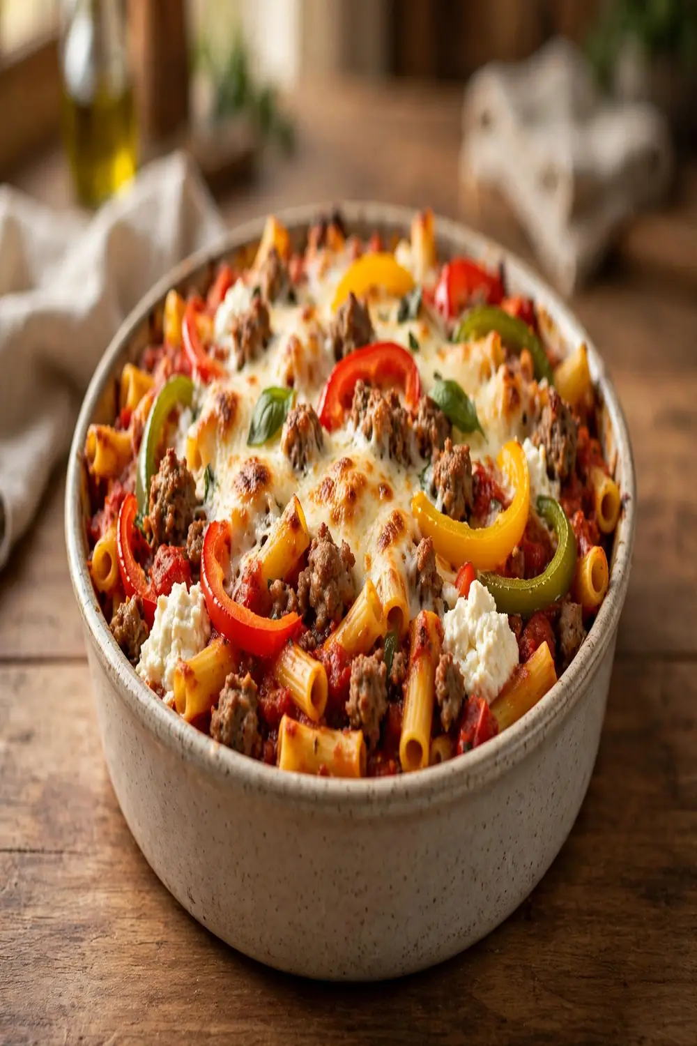 Baked tube pasta with sausage peppers and melted mozzarella in a casserole dish