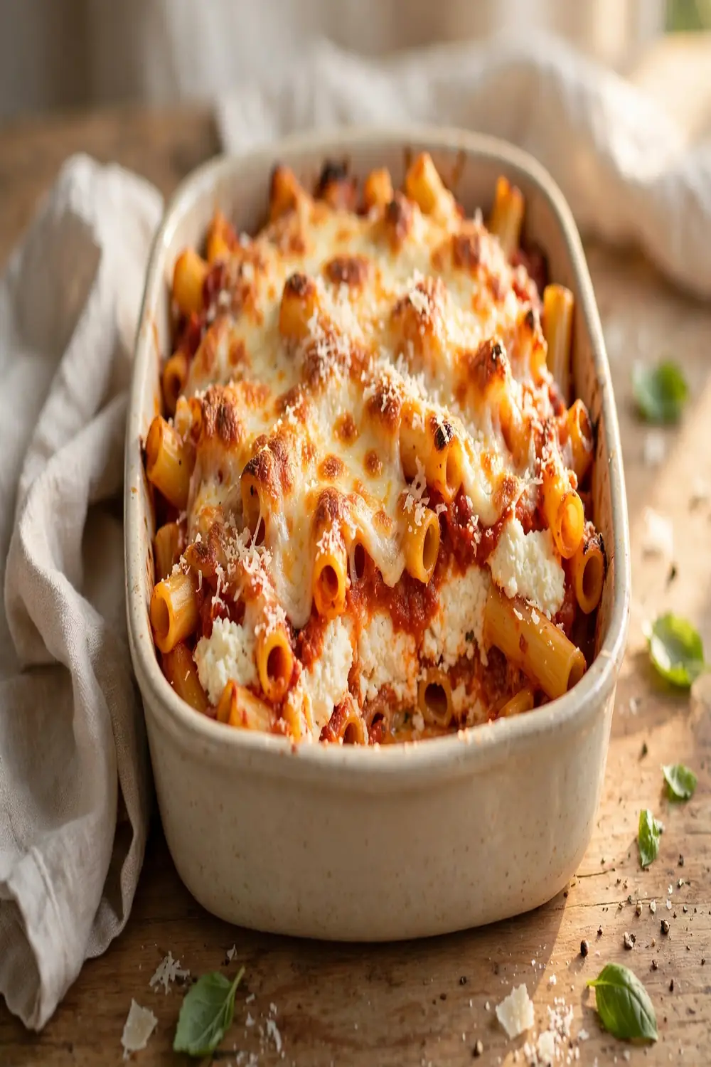 Baked tube pasta with three cheeses and golden mozzarella topping in a dish