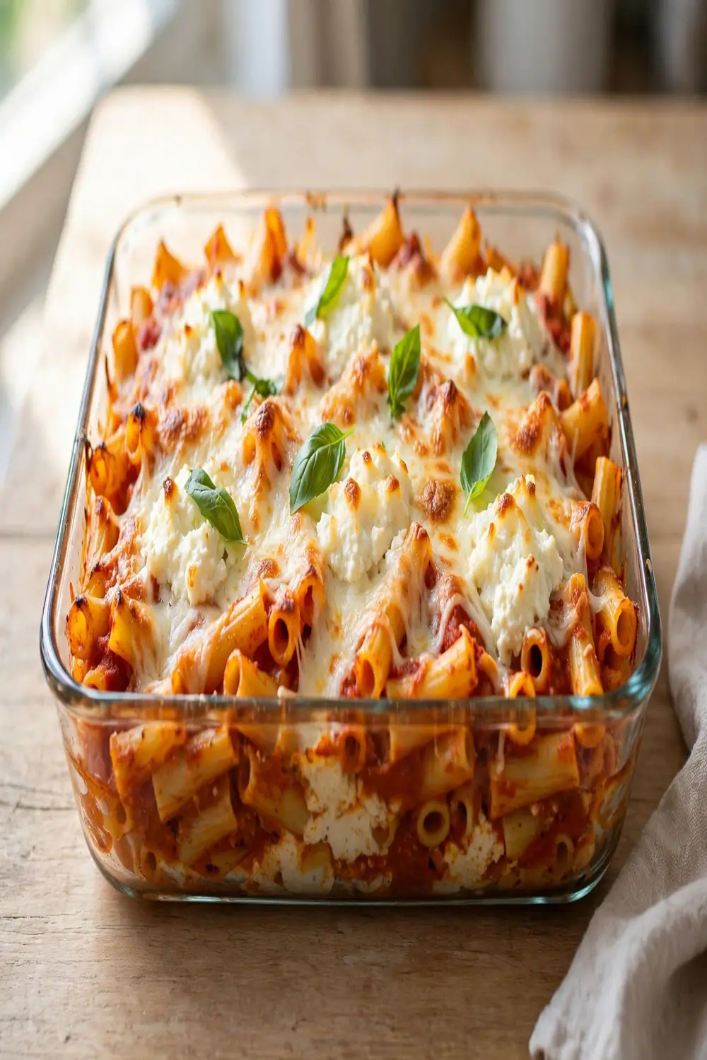 Weeknight tube pasta bake with ricotta tomato sauce and mozzarella in a dish