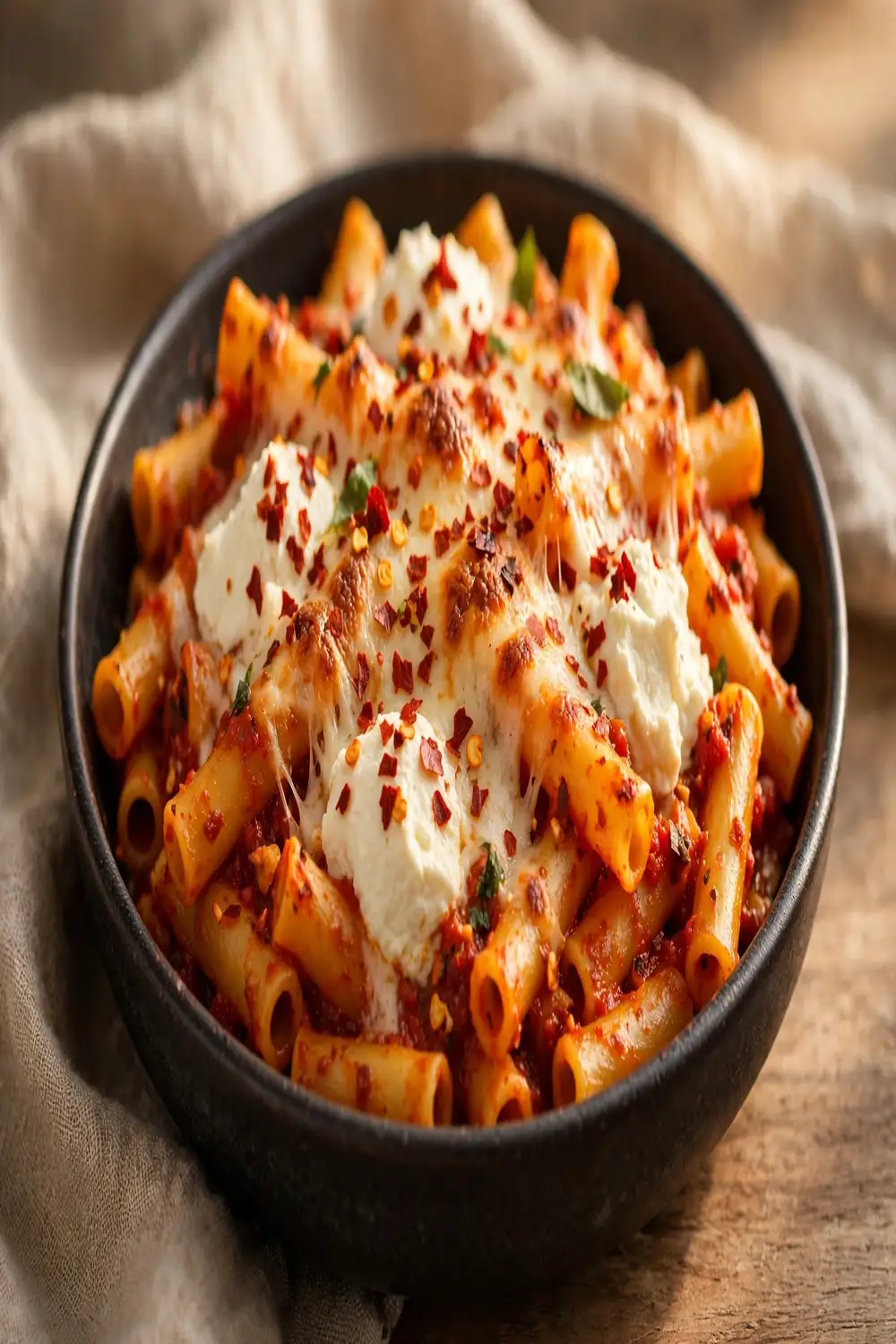 Spicy tube pasta bake with chili flakes ricotta and tomato sauce in a dish