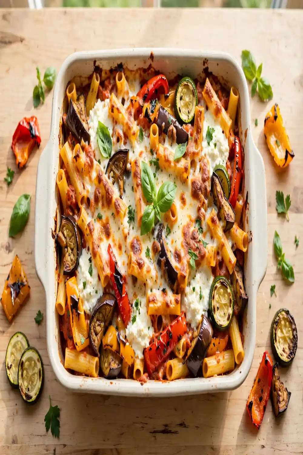 Tube pasta bake with roasted garden vegetables ricotta and tomato sauce