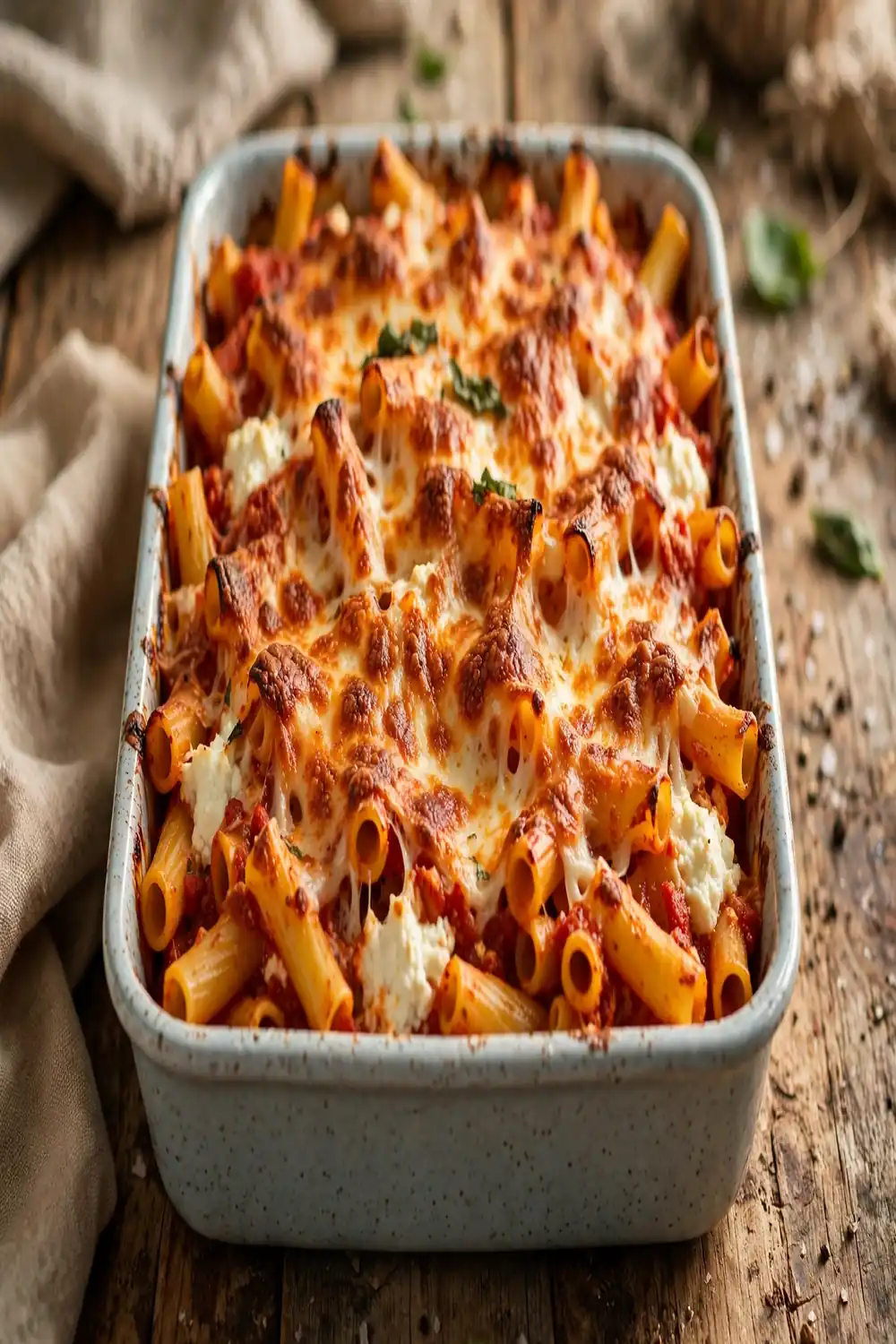 Tube pasta bake with crisp golden cheese crust in a casserole dish