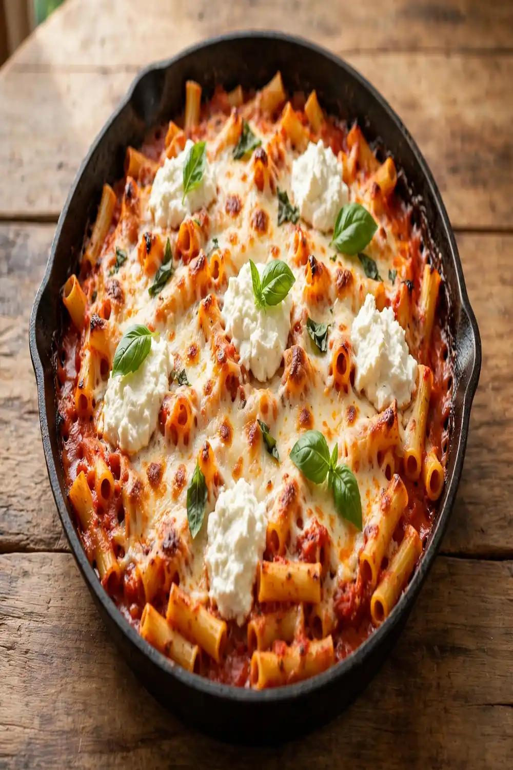 One pan tube pasta with ricotta tomato sauce and melted mozzarella in a skillet