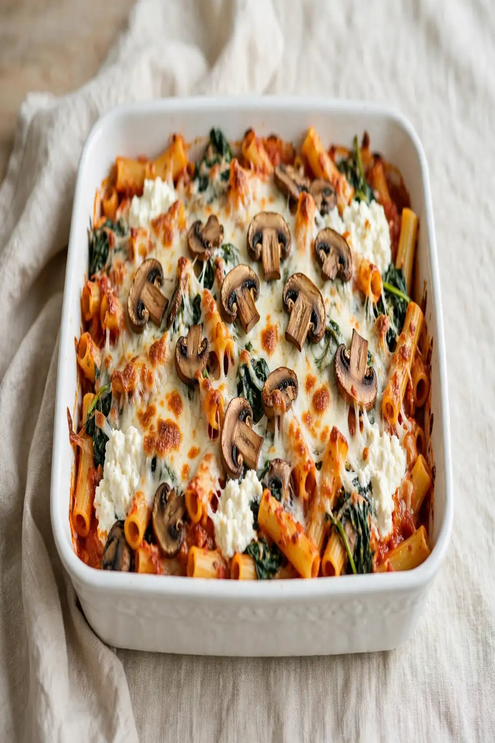 Tube pasta bake with mushrooms spinach ricotta and melted cheese in a dish