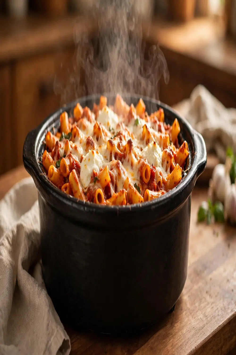Slow cooker tube pasta with ricotta tomato sauce and melted mozzarella