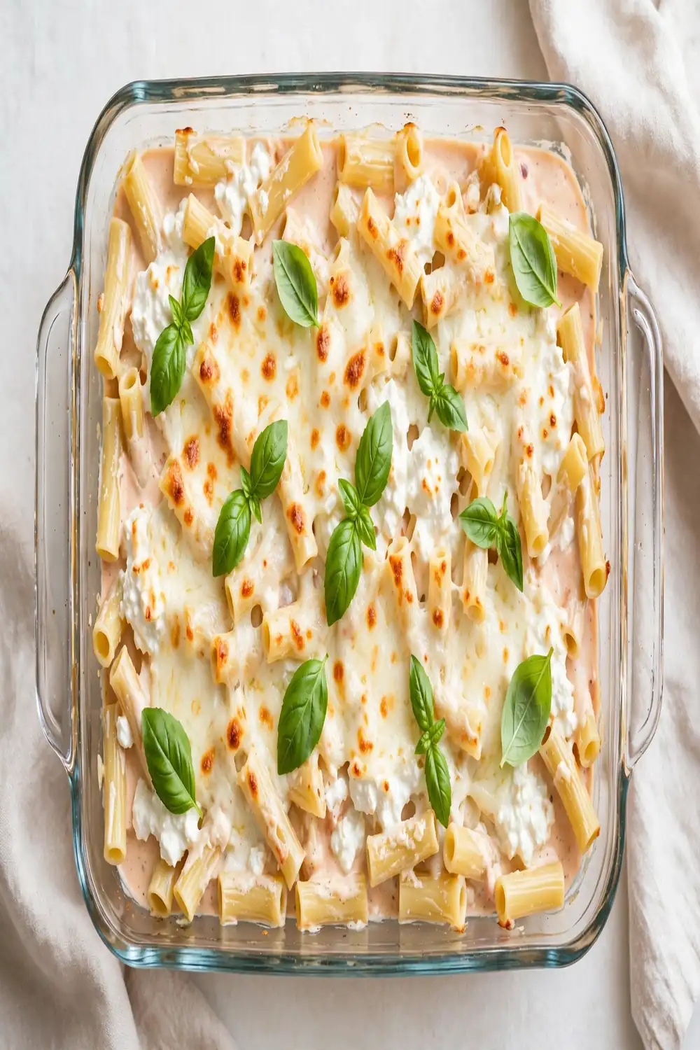 Lighter tube pasta bake with blended cottage cheese ricotta and tomato sauce