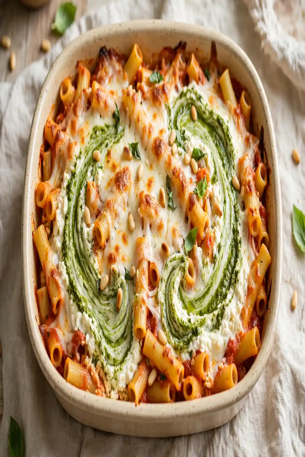 Tube pasta bake with green pesto ricotta swirls and mozzarella topping