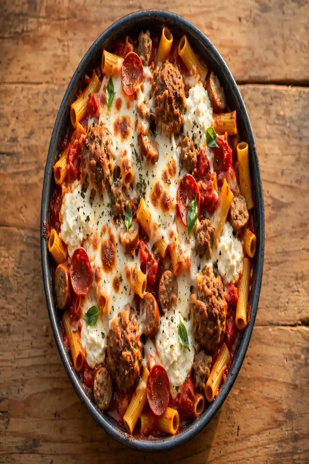 Tube pasta bake loaded with meats sausage pepperoni and melted cheese