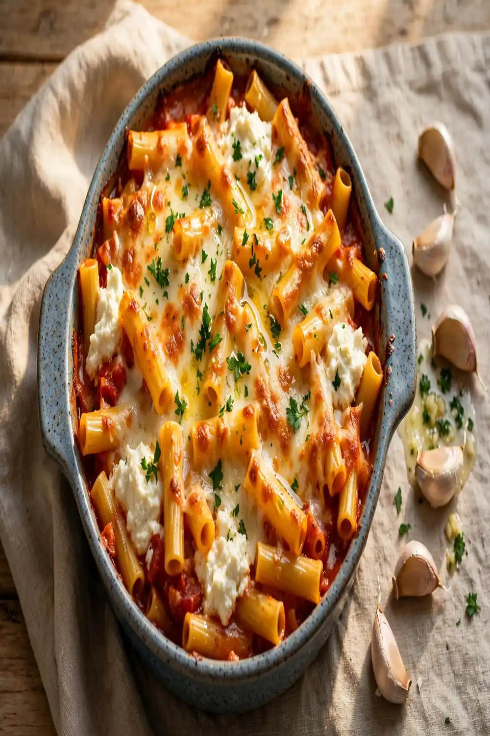 Tube pasta bake finished with garlic butter parsley and golden cheese