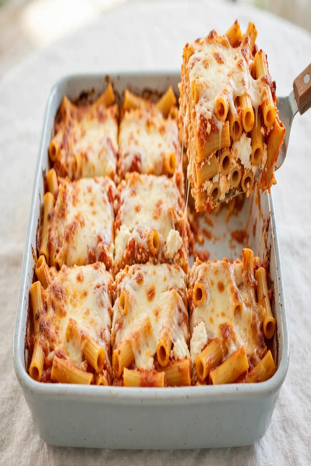 Kid friendly tube pasta bake cut into neat squares with melted cheese
