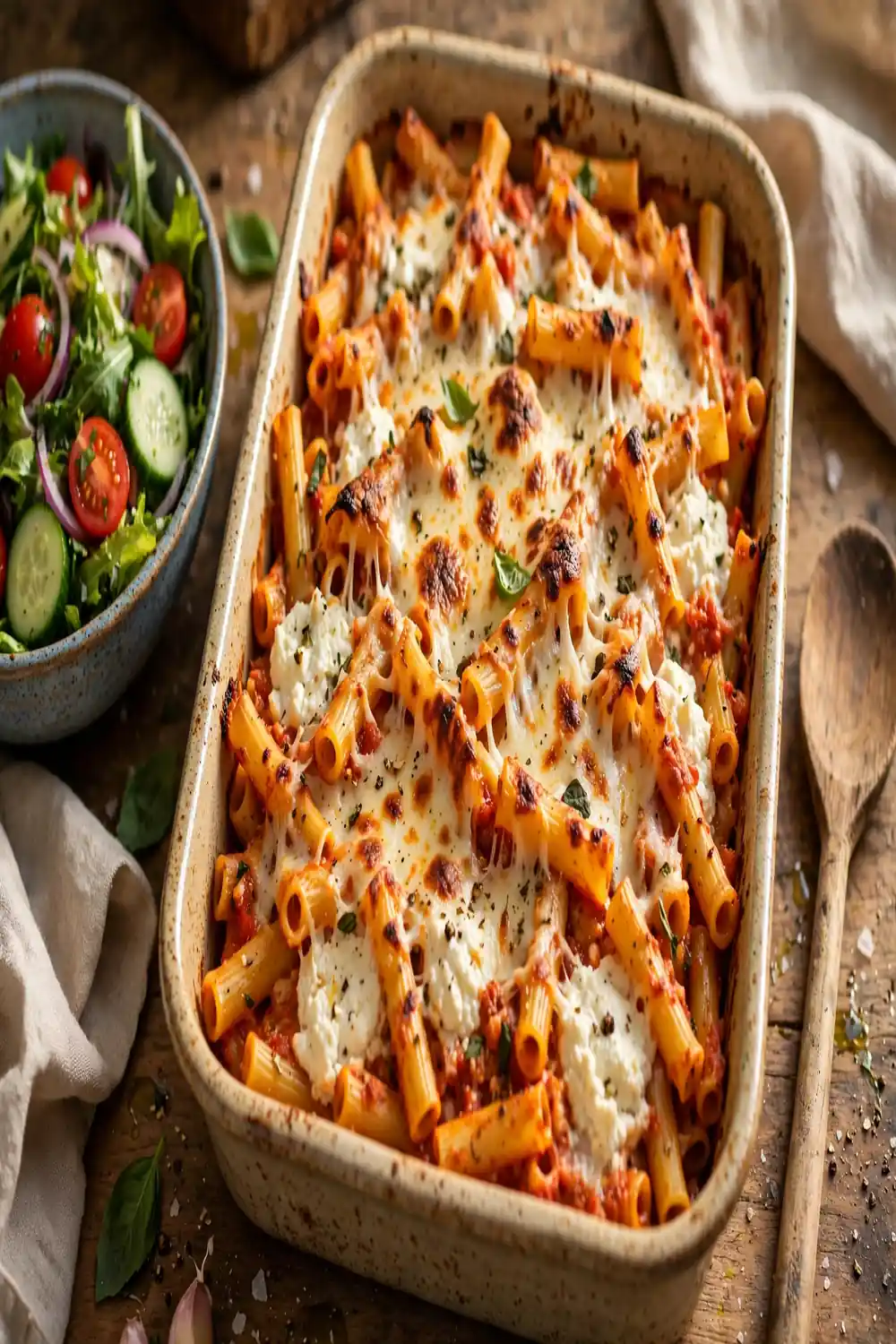 Rustic family style tube pasta bake served in a dish with salad nearby