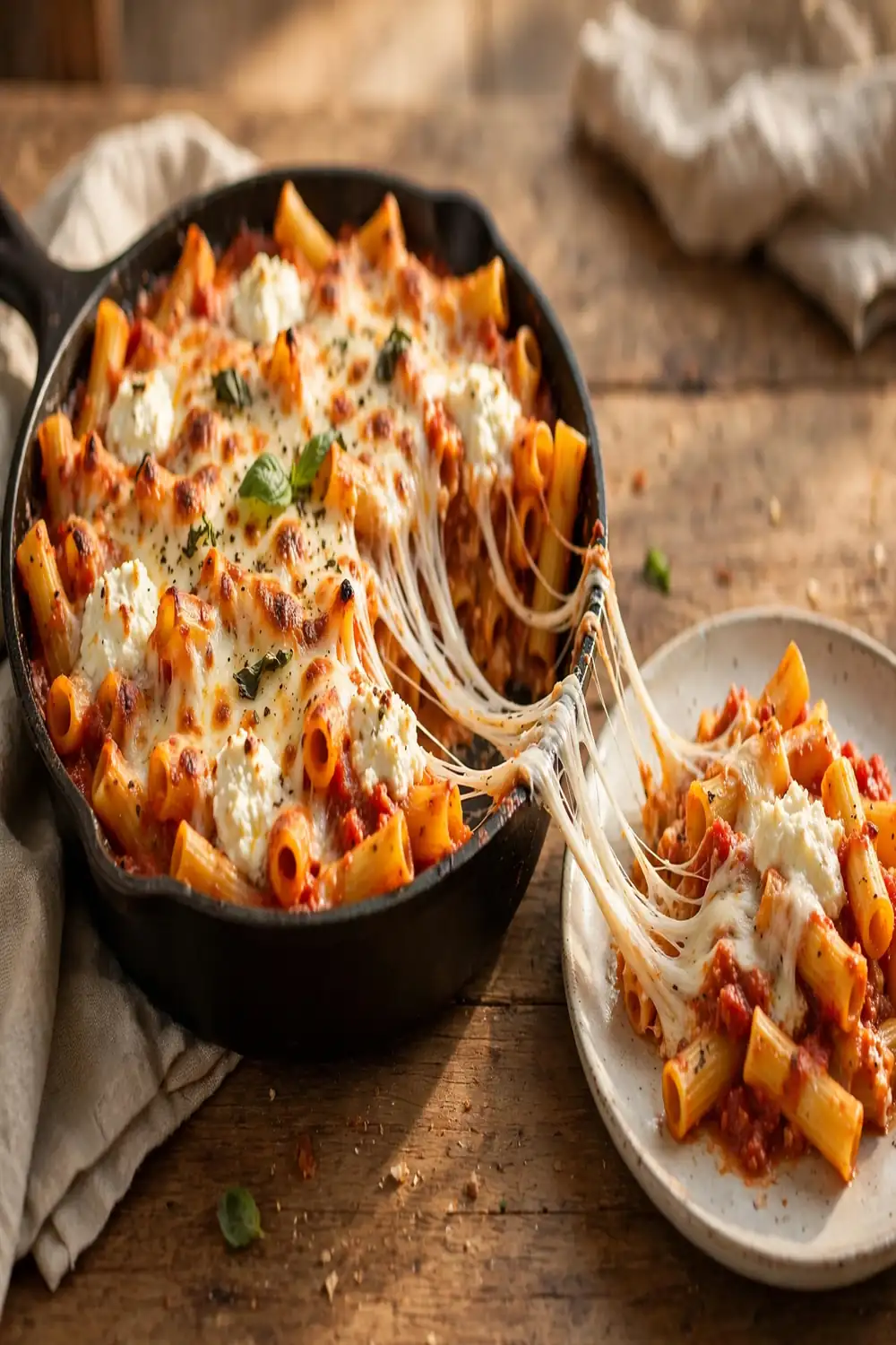 Cheesy tube pasta bake with long stretching mozzarella strands being served