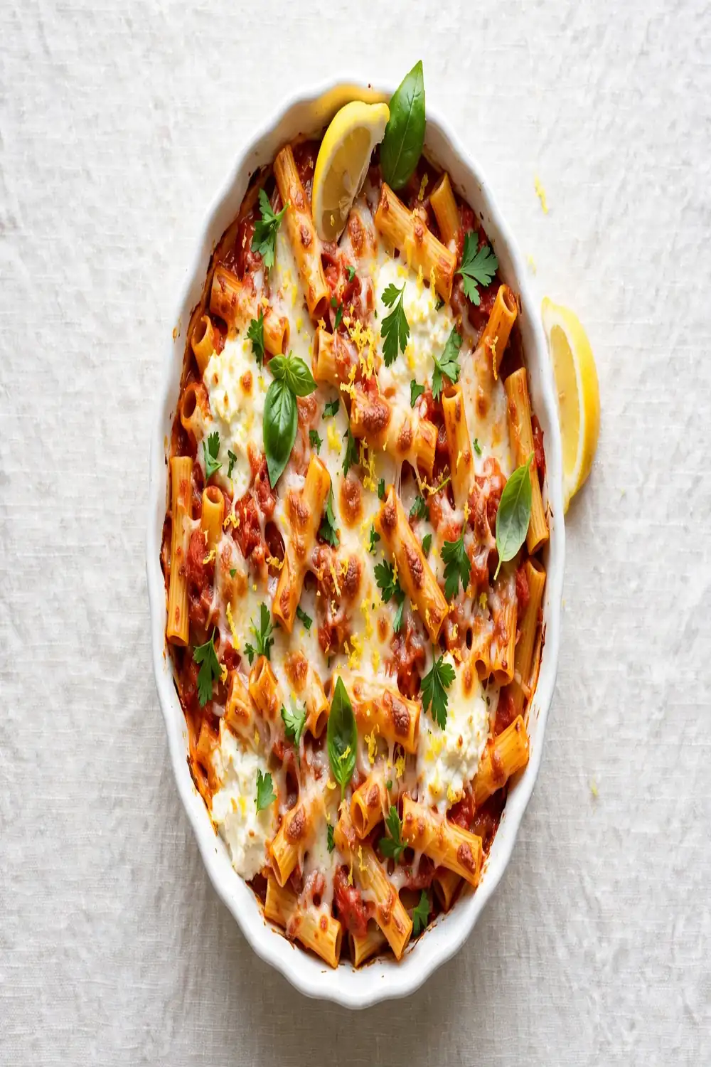 Tube pasta bake with fresh basil lemon zest and ricotta in a dish