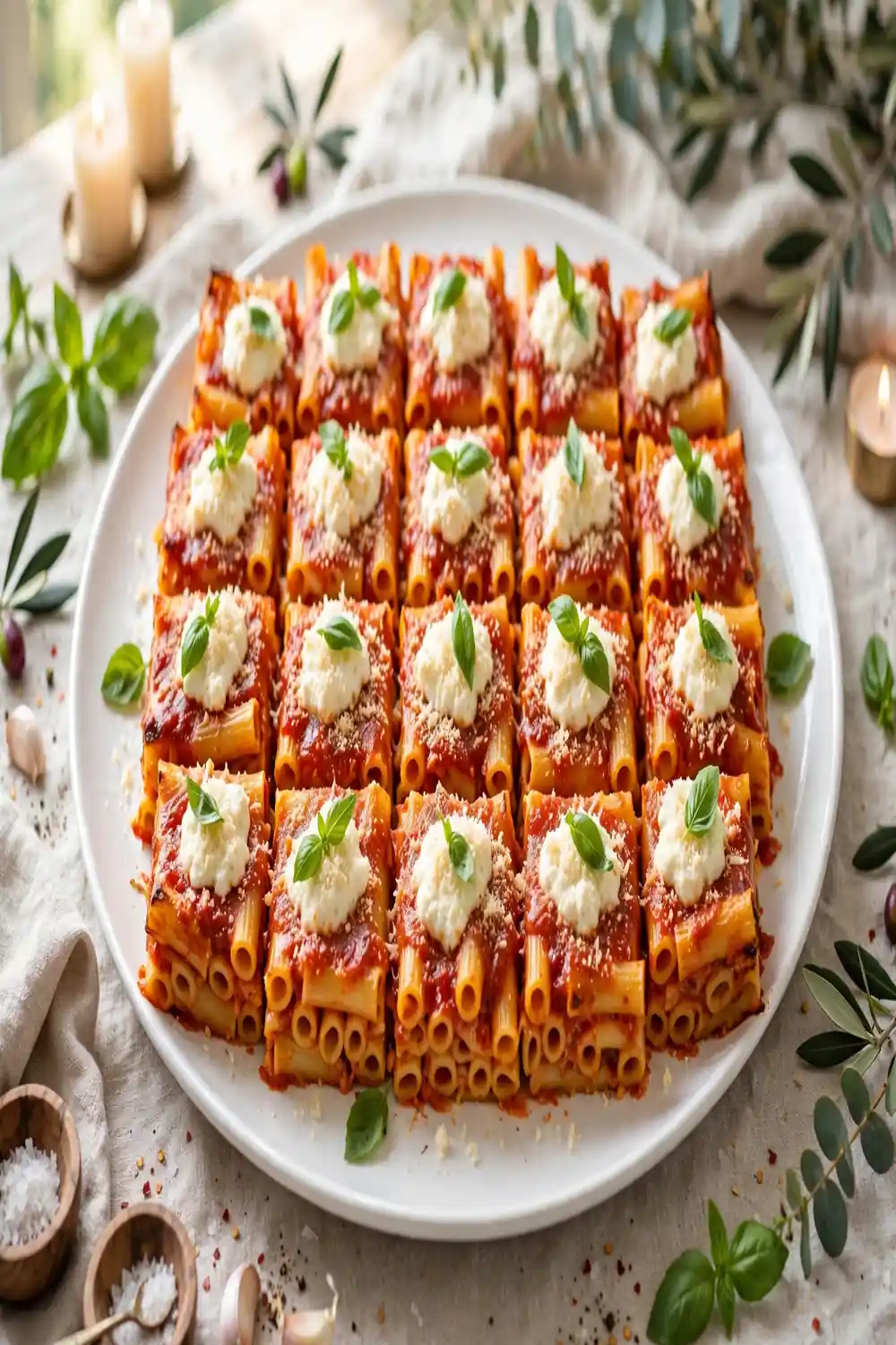 Tube pasta bake arranged on a wide platter with basil and parmesan